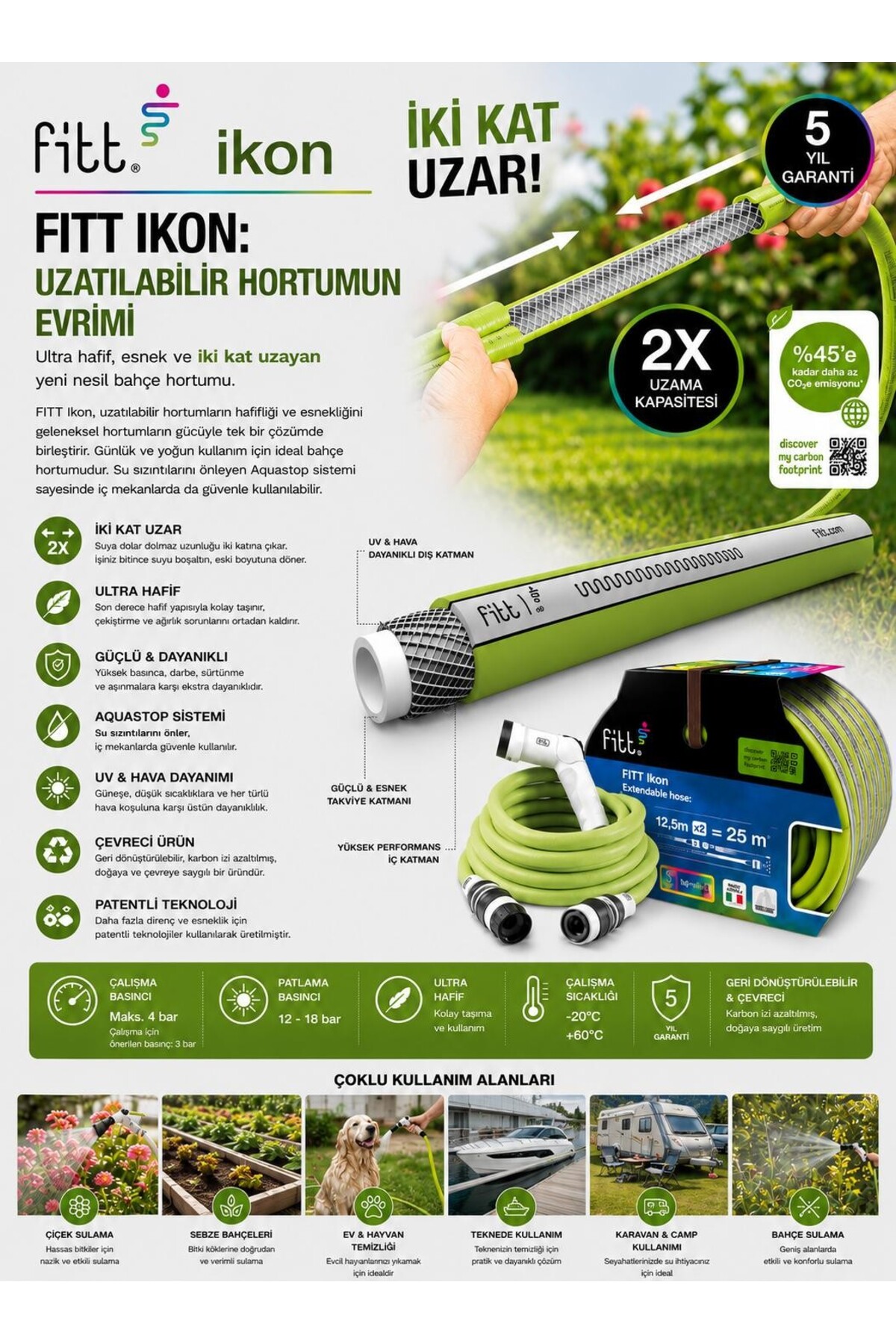 Fitt IKON Lime 15 m Uzayan Bahçe Hortumu – Tabancalı, Aquastop, Tamir Edilebilir, 5 Yıl Garantili