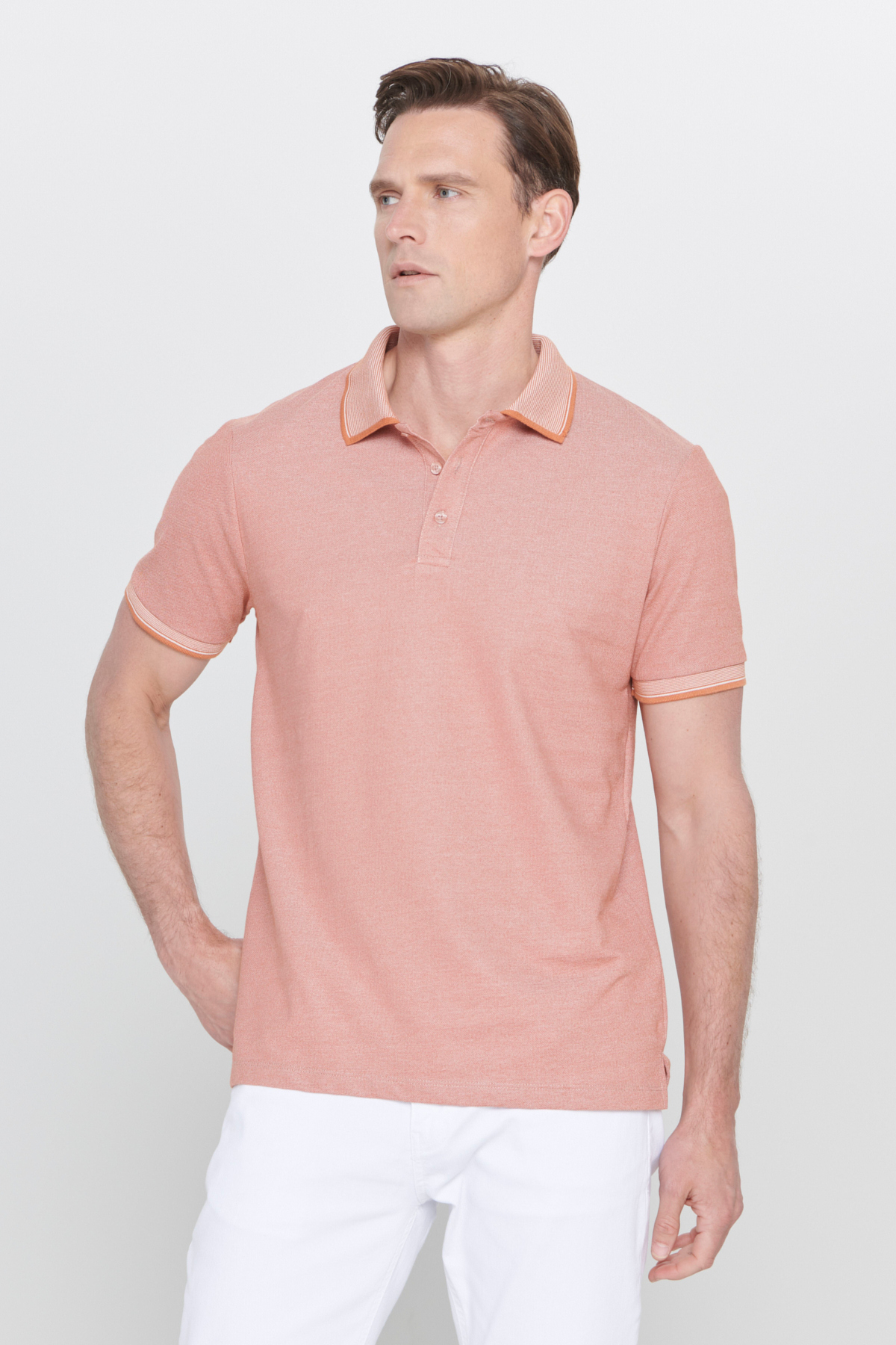 AC&Co / Altınyıldız Classics Erkek Çekmeyen Pamuklu Kumaş Slim Fit Dar Kesim Kiremit-Bej Kıvrılmaz Polo Yaka Tişört görsel 3