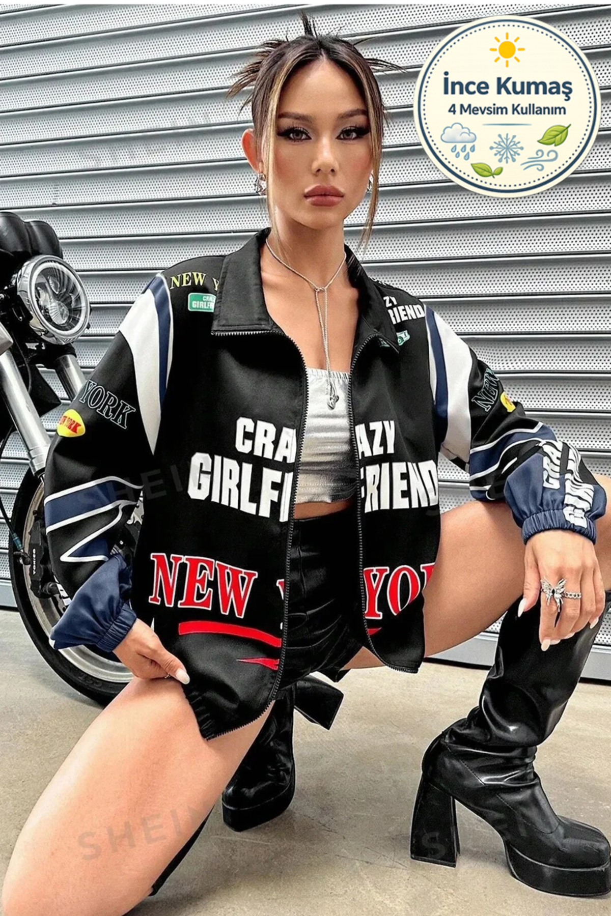 Lushen Unisex Paraşüt Kumaş Oversize Baskılı Siyah Rüzgarlık Yağmurluk İnce Ceket