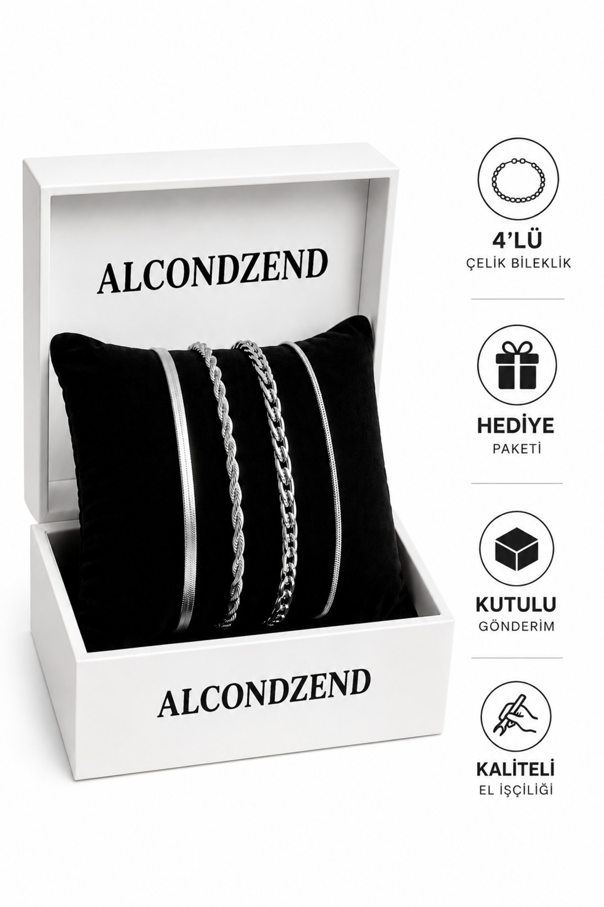 ALCONDZEND Erkek 4’lü Bileklik Seti Kararmaz Paslanmaz Çelik Kombin Bileklik Seti