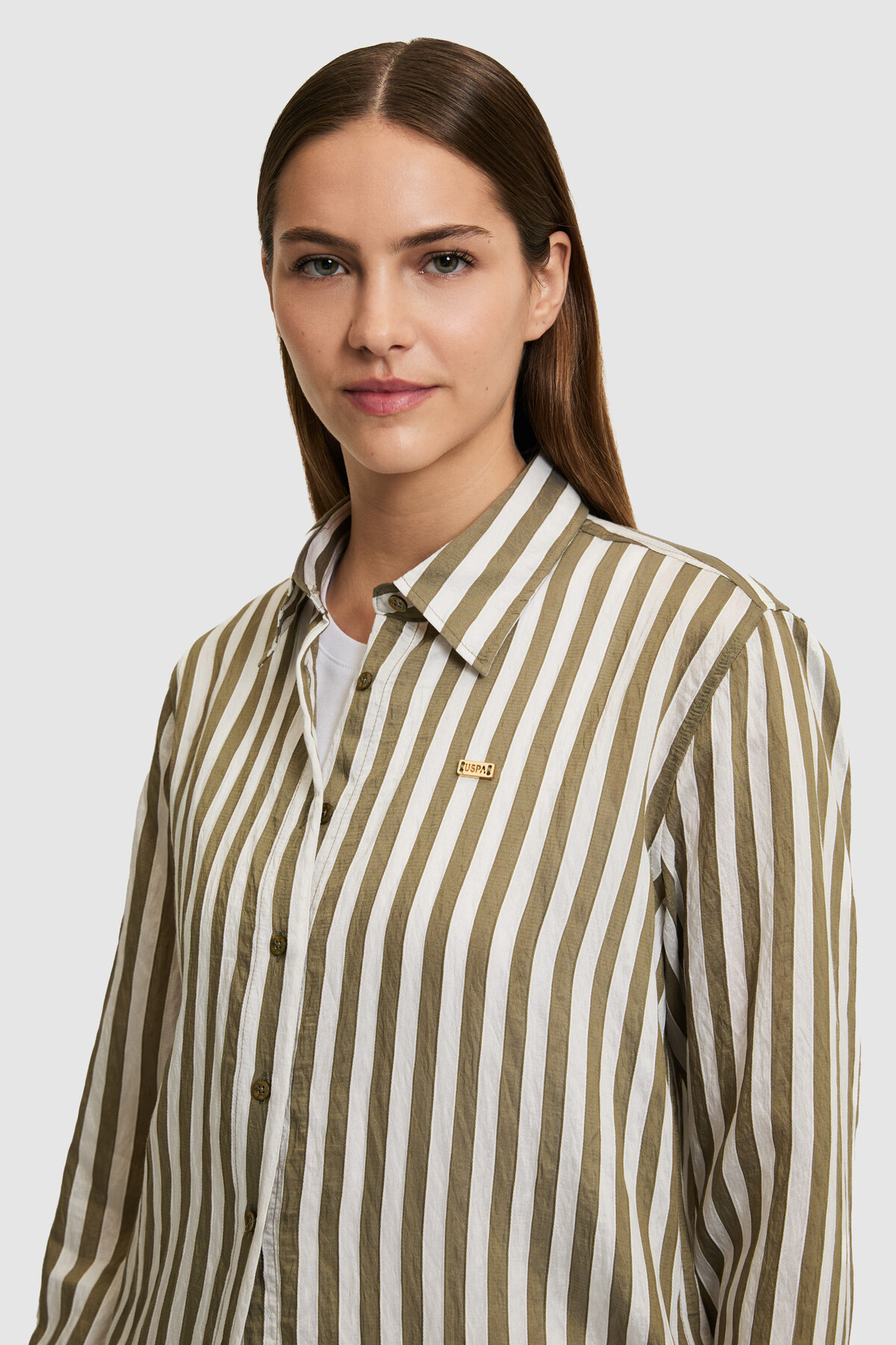 U.S. Polo Assn. Kadın Haki Uzun Kollu Çizgili Gömlek 50324736-VR027 görsel 2