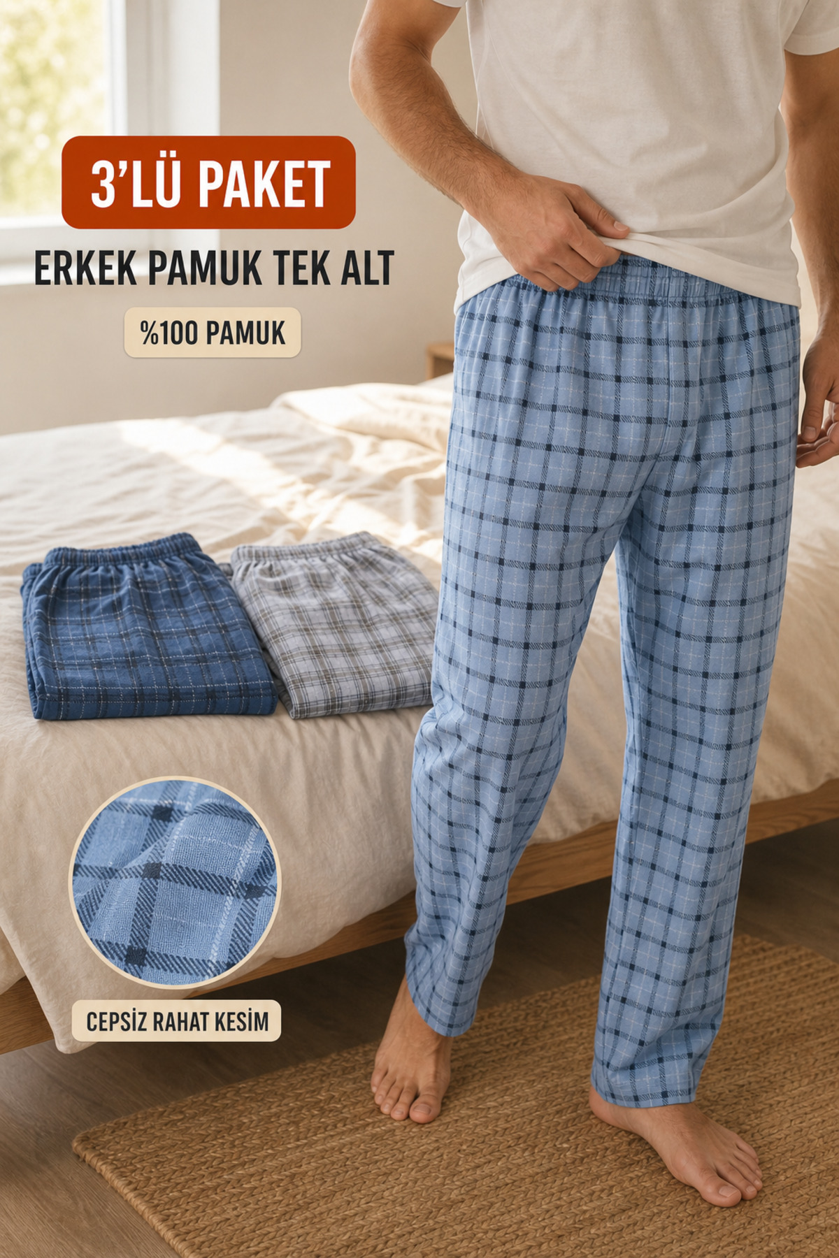 Nova Fuşya Lingerie Erkek 3'lü Paket %100 Pamuk Renkli Rahat Gecelik Pijama Altı görsel 6
