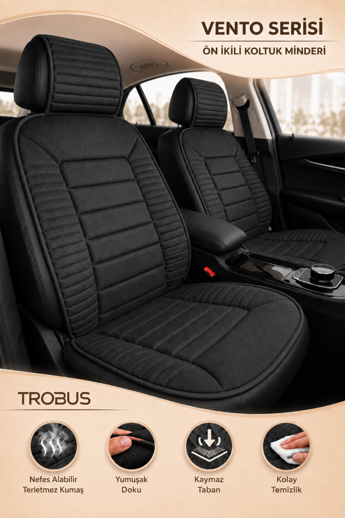 TROBUS Fiat Egea Cross 2020 ve Sonrası Uyumlu Vento 2 Parça Ön Oto Koltuk Minderi Terletmez Siyah