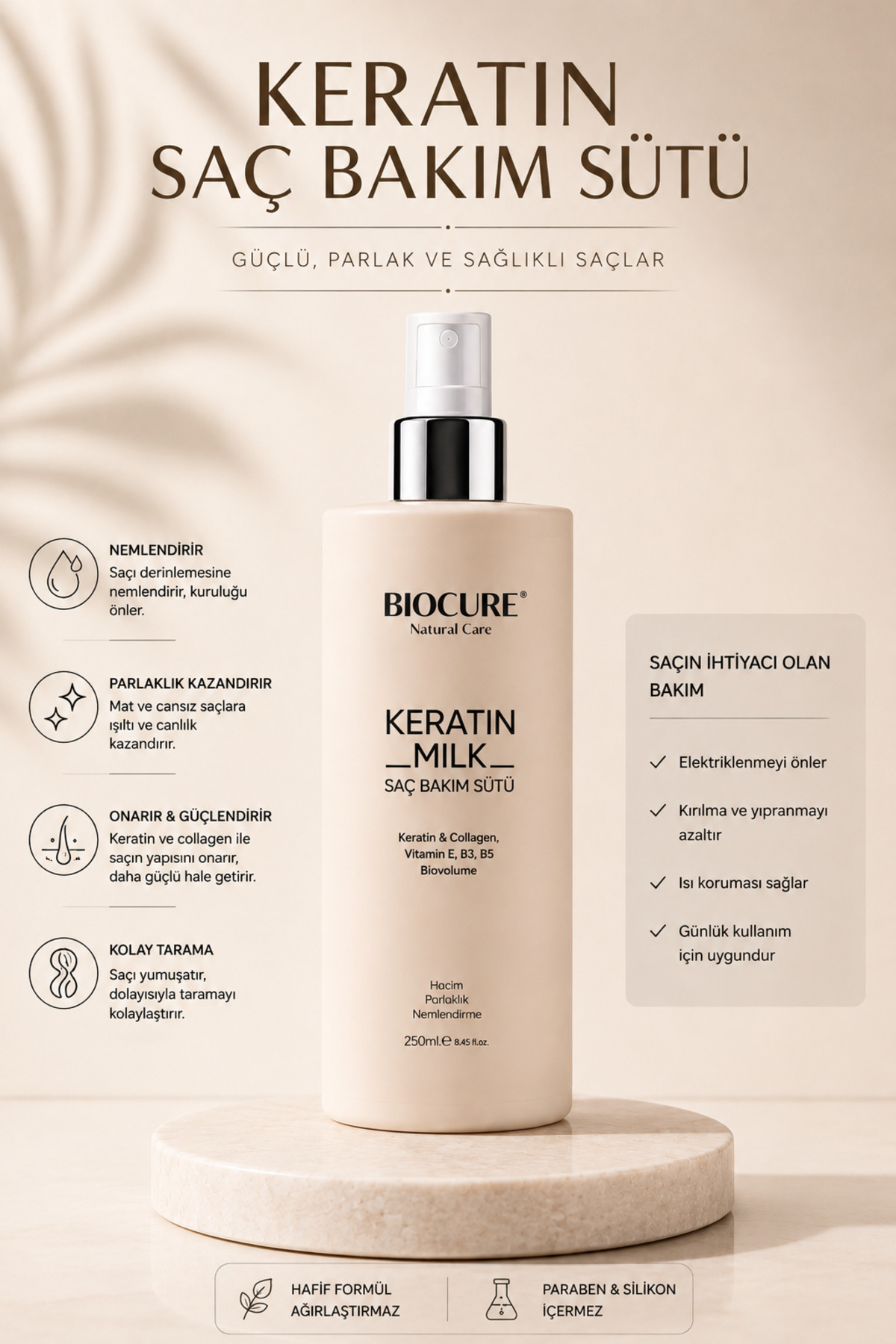 Biocure Keratin Sütü Collagen Saç Bakım Sütü, Saç Spreyi Hacim, Parlaklık Nemlendirme Kolay Tarama 250ml. — CM-KCS-250