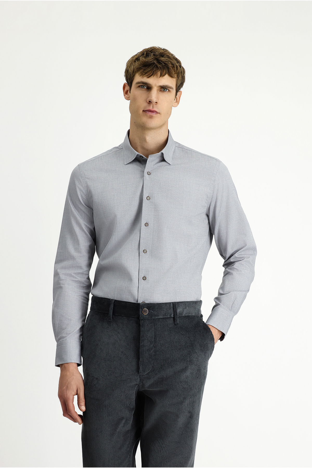 Kiğılı Uzun Kol Slim Fit Armürlü Pamuk Gömlek — خاکستری KK26400000002