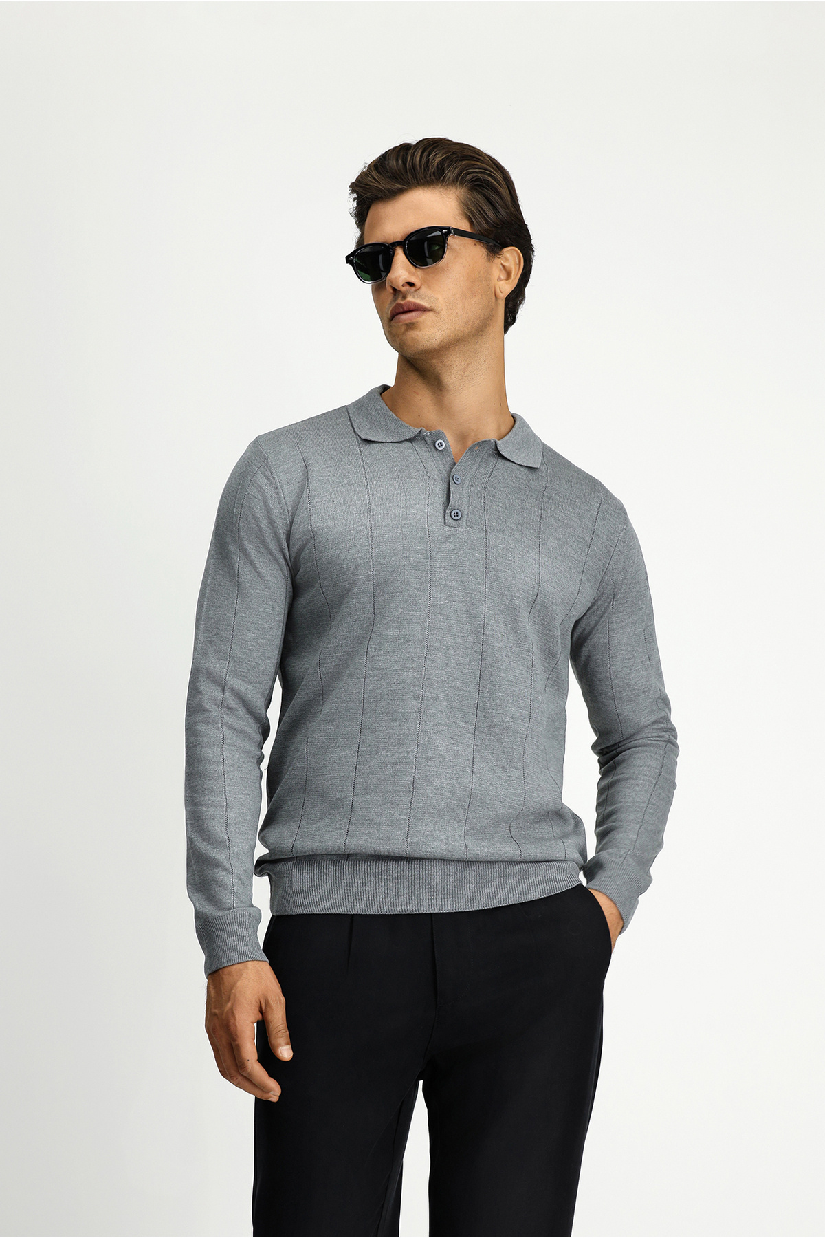 Kiğılı Polo Yaka Düğmeli Regular Fit Çizgili Triko Kazak görsel 3