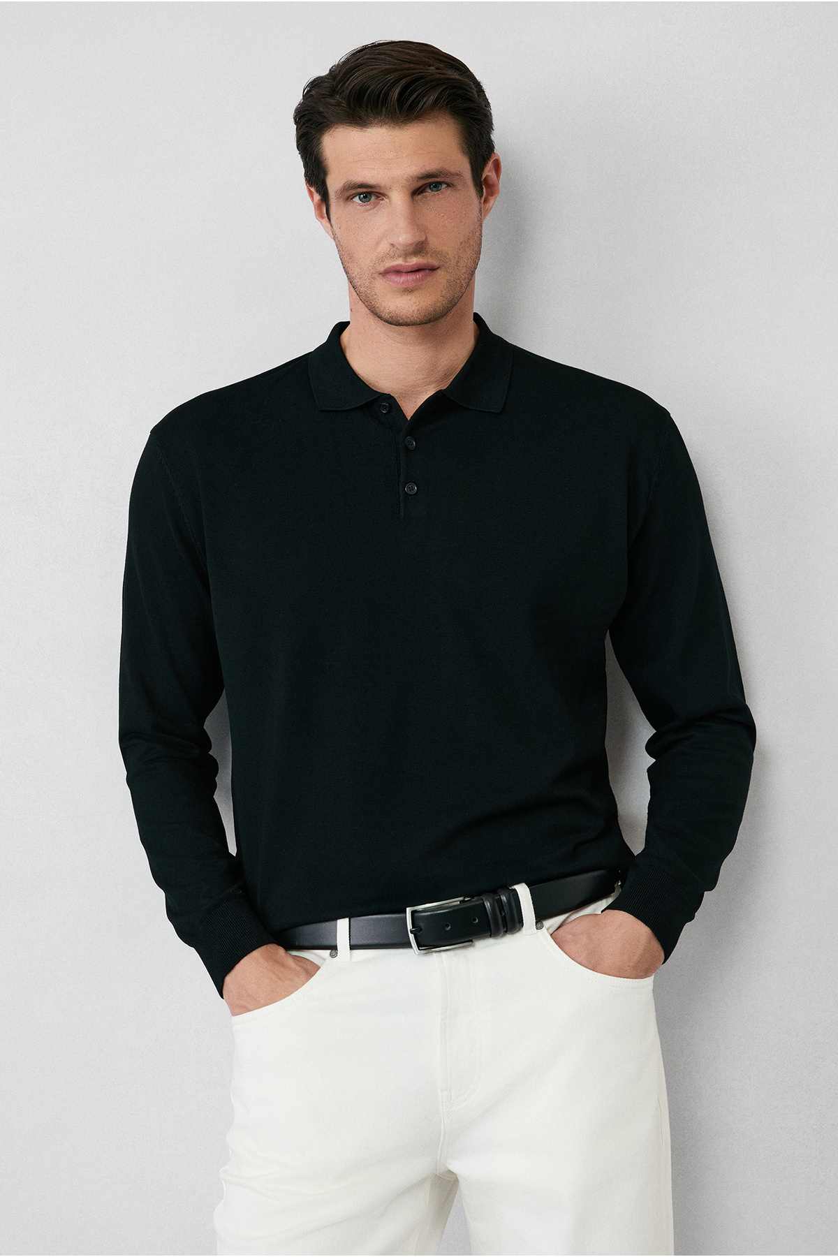 Regular Fit Düğmeli Polo Yaka Triko Kazak — مشکی KKBSD178DZ001 — تصویر 2 از 7