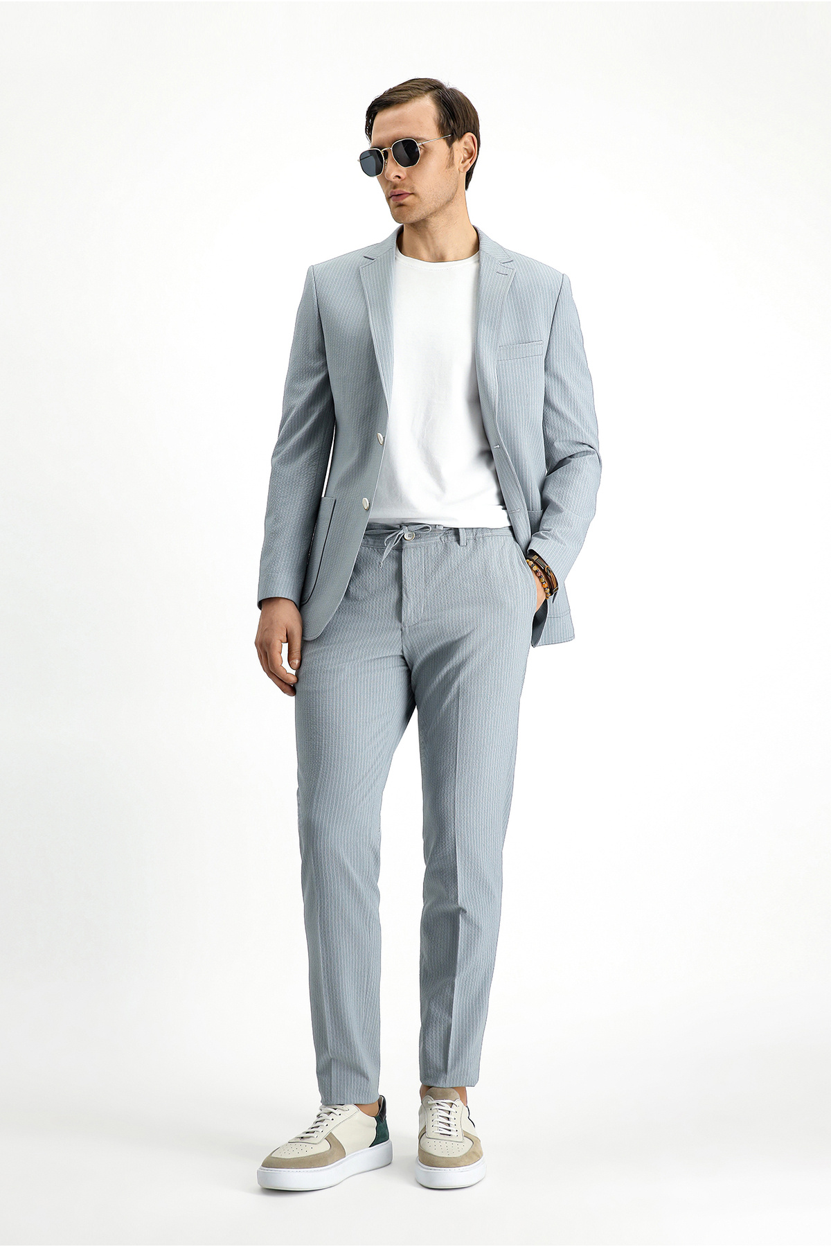 Kiğılı 7 Drop Super Slim Fit Eksra Dar Kesim Çizgili Beli Lastikli İpli Gofre Takım Elbise görsel 2