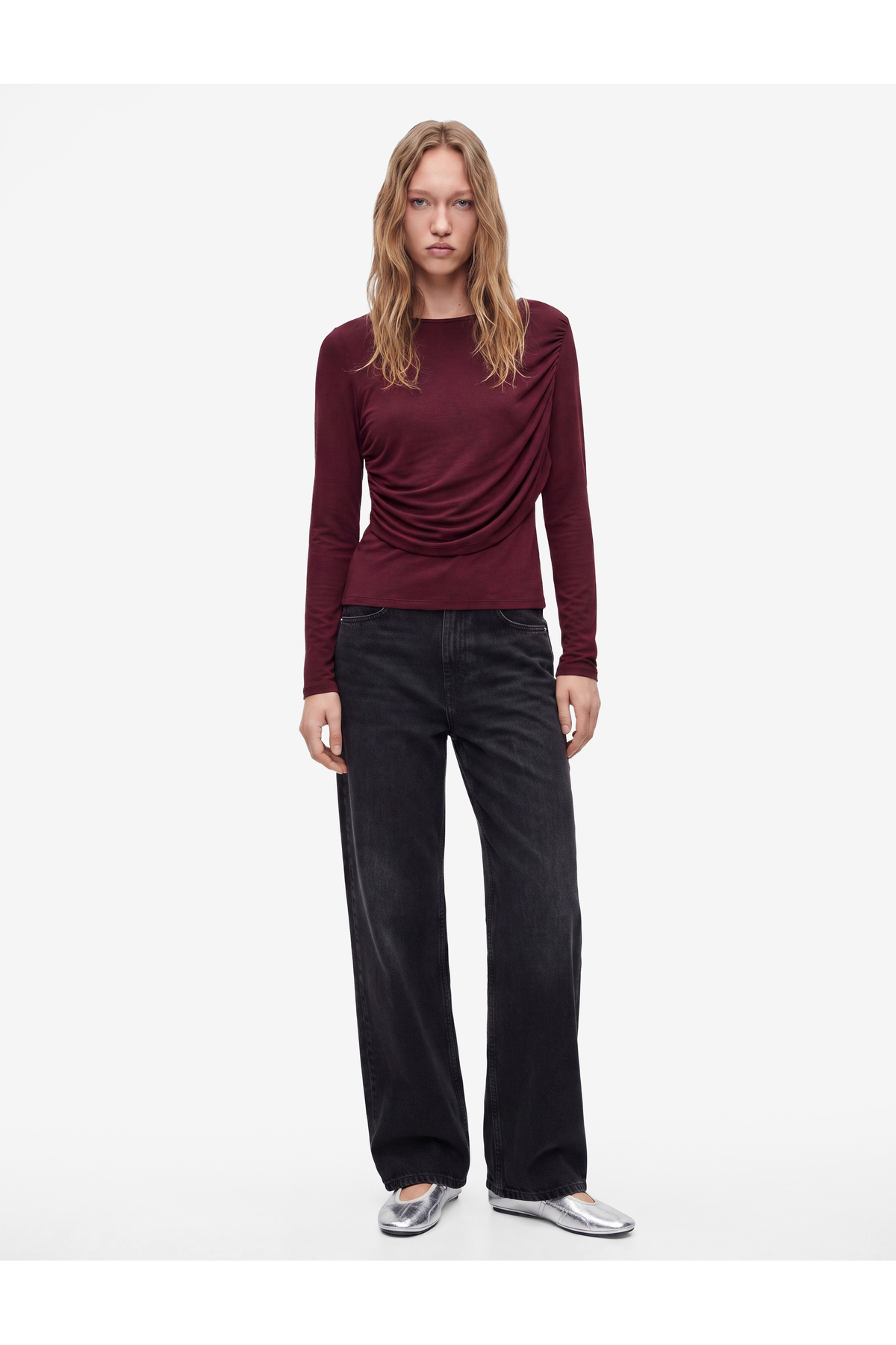 Koton Long Sleeve Slim Fit T-Shirt with Draped Detail