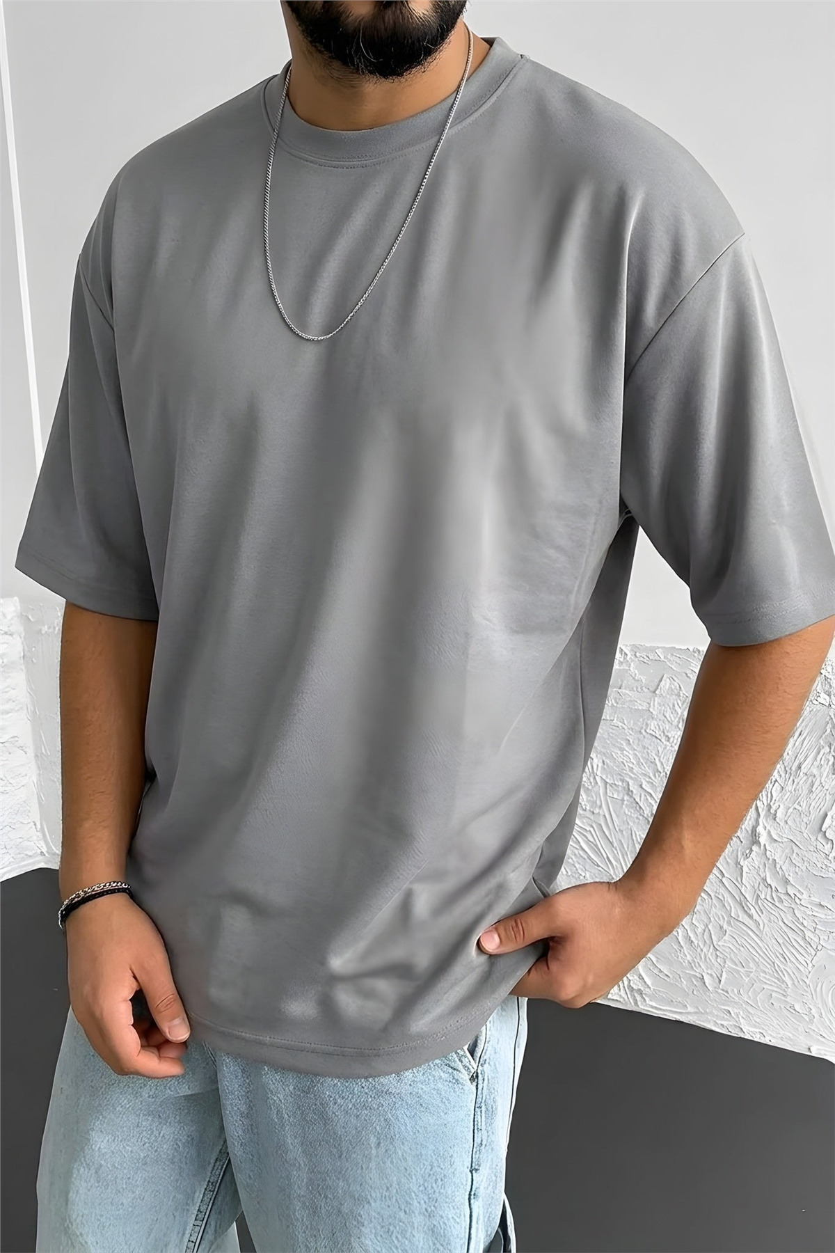 Teenage Millionaire Erkek Gri Basic Düz Baskısız Oversize Salas Boyfriend T-Shirt görsel 2