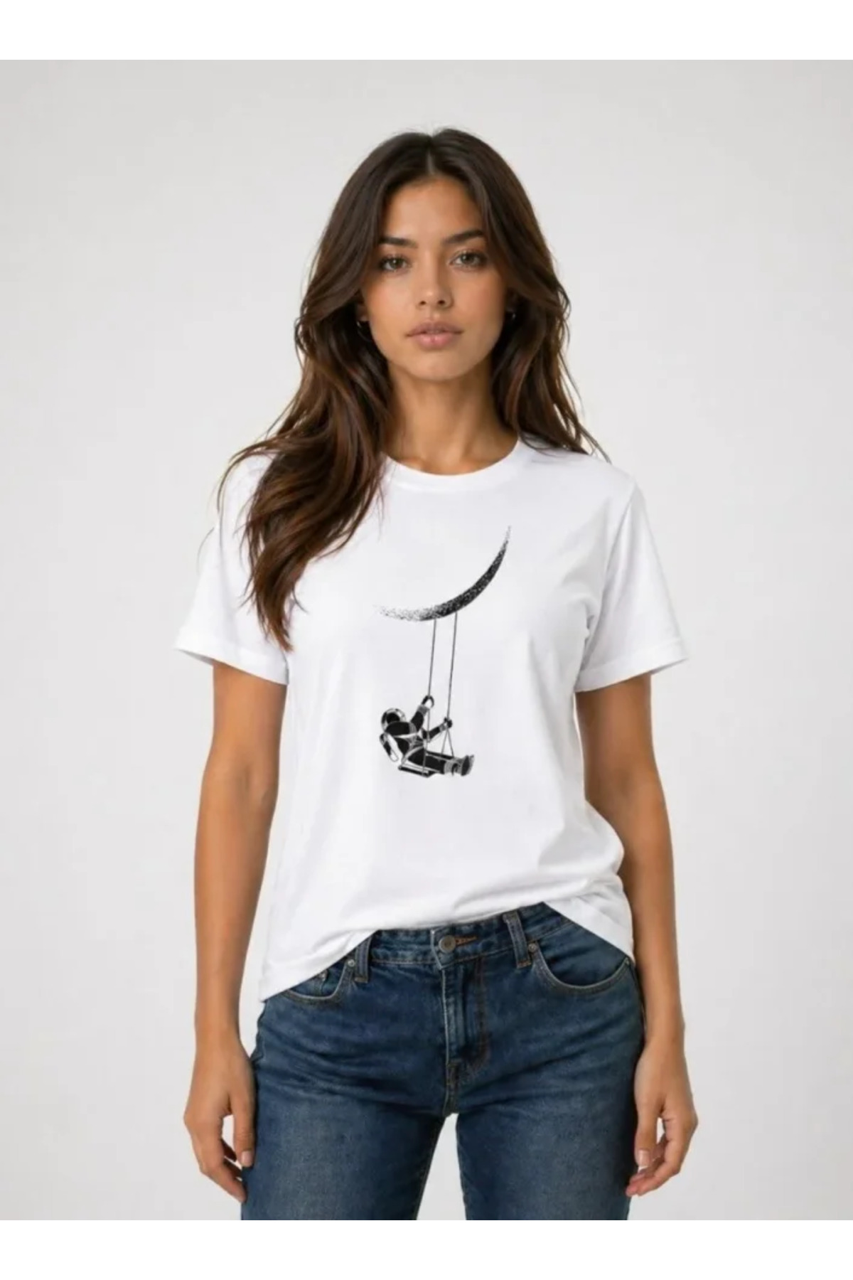 Astronot Ay Temalı Tişört Kısa Kol Yazlık Bisiklet Yaka T-Shirt - Beyaz