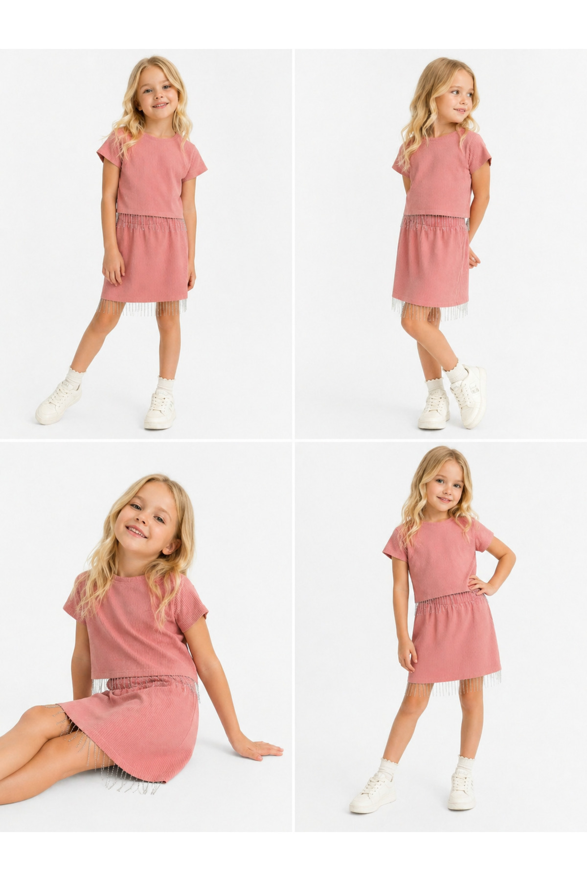 Girl 4-12 Years Stylish Short Sleeve Fringed Skirt Flannel Blouse Skirt 2pcs Set