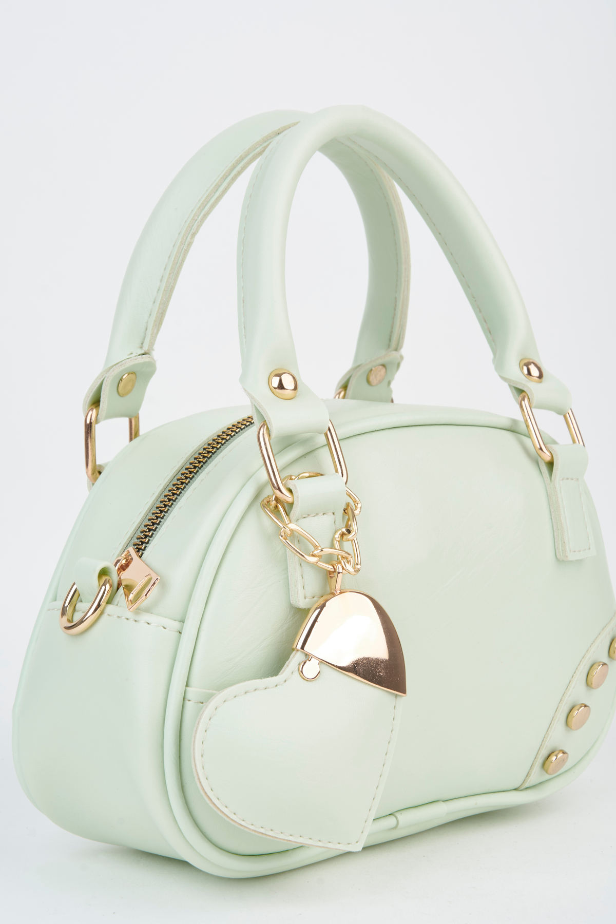 Women's LAL Mint Heart Charm Detailed Adjustable Strap Zipper Closure Hand Sleeve And Shoulder Bag