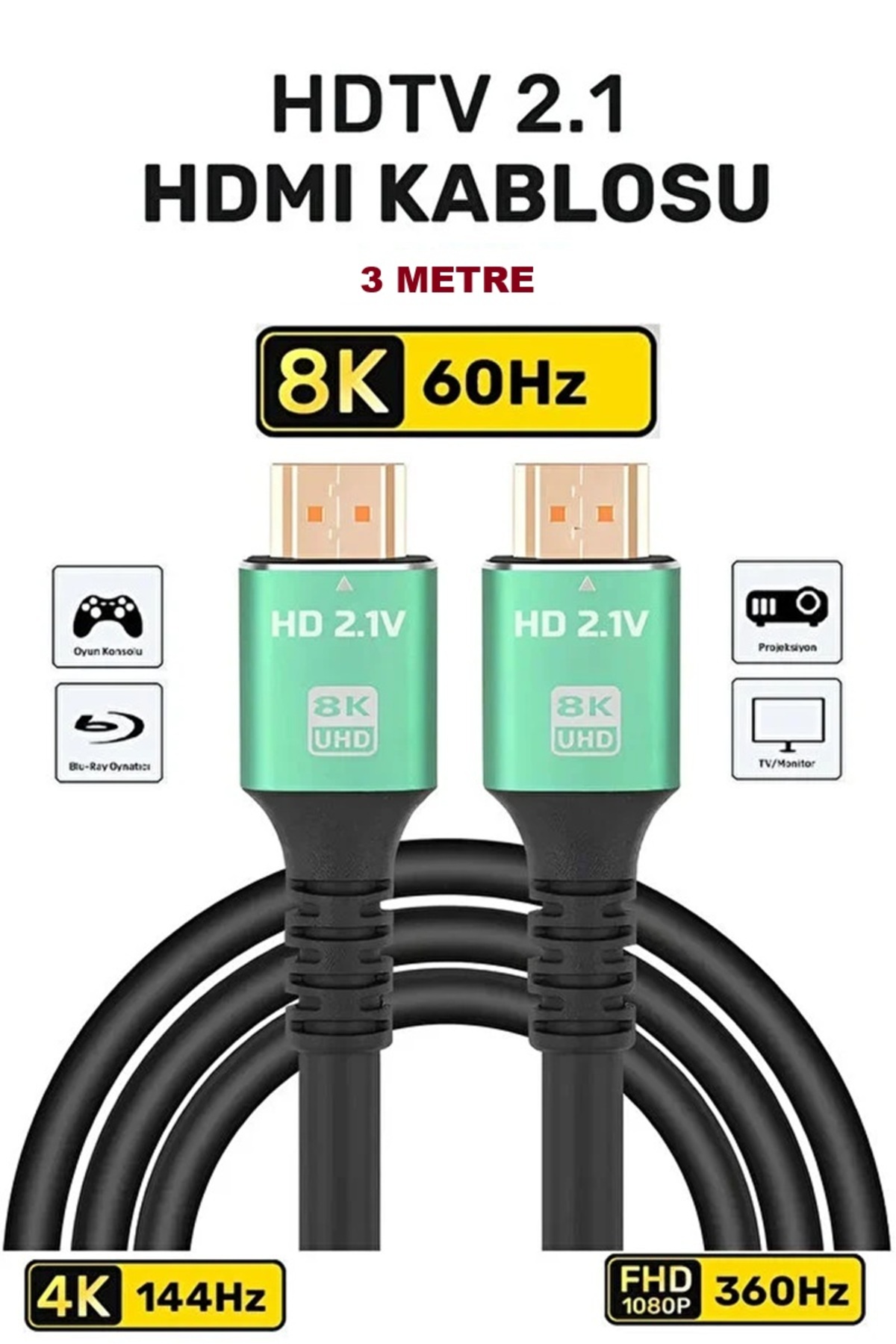 3 Metre 3mt 8K @144HZ Ultra Yüksek Hızlı 8k Hdmi 2.1 Kablo, 4k 144Hz Hdmi Kablosu 3m Hdtv Kablosu Yüksek Çözünürlük Hdmı Kablosu