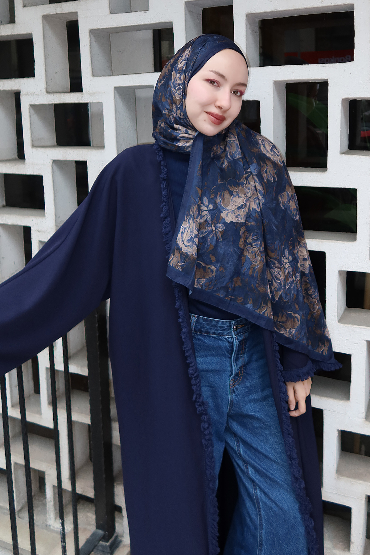 cs camellia scarf Monaco Kraş Şal - Lacivert Bej