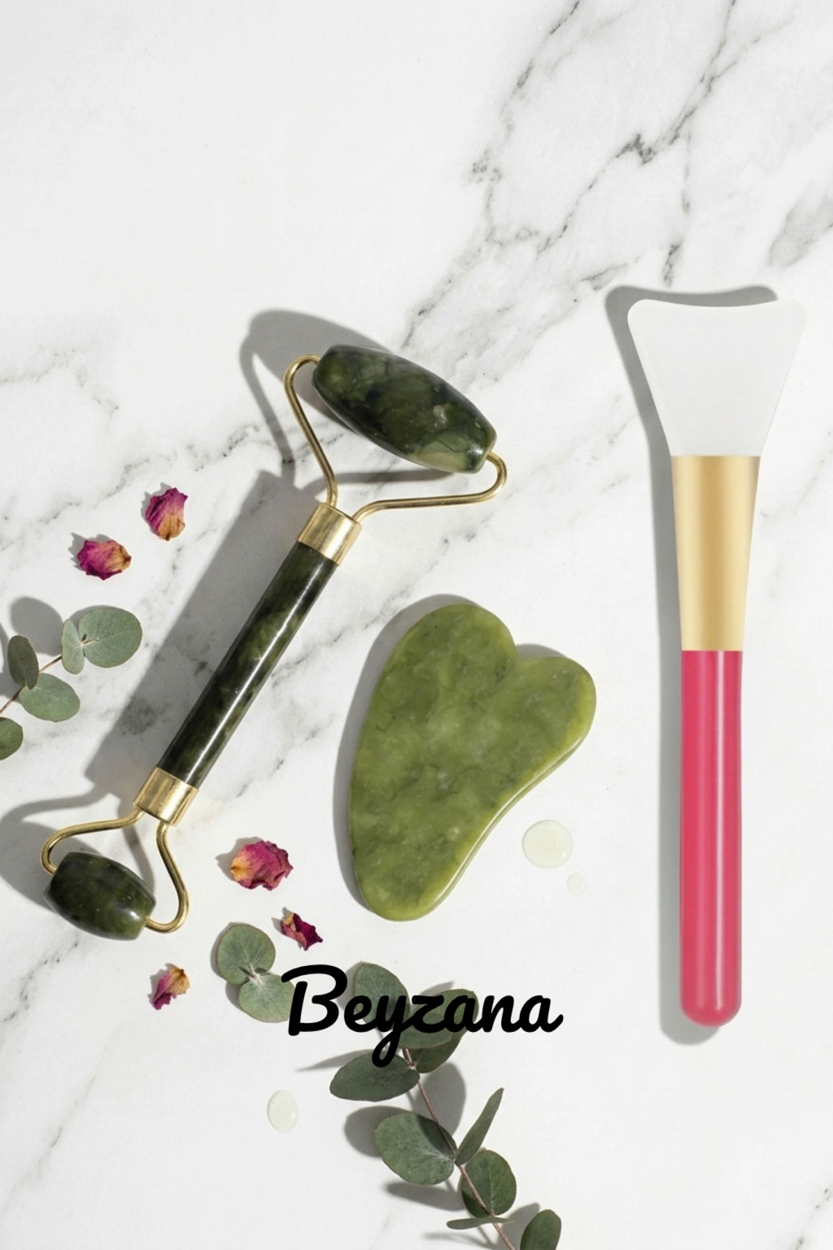 3'lü Cilt Bakım Seti | Doğal Yeşim Taşı + Gua Sha Masaj Taşı + Maske Sürme Aparatı — سبز BYZ-3LU-YENI-SET