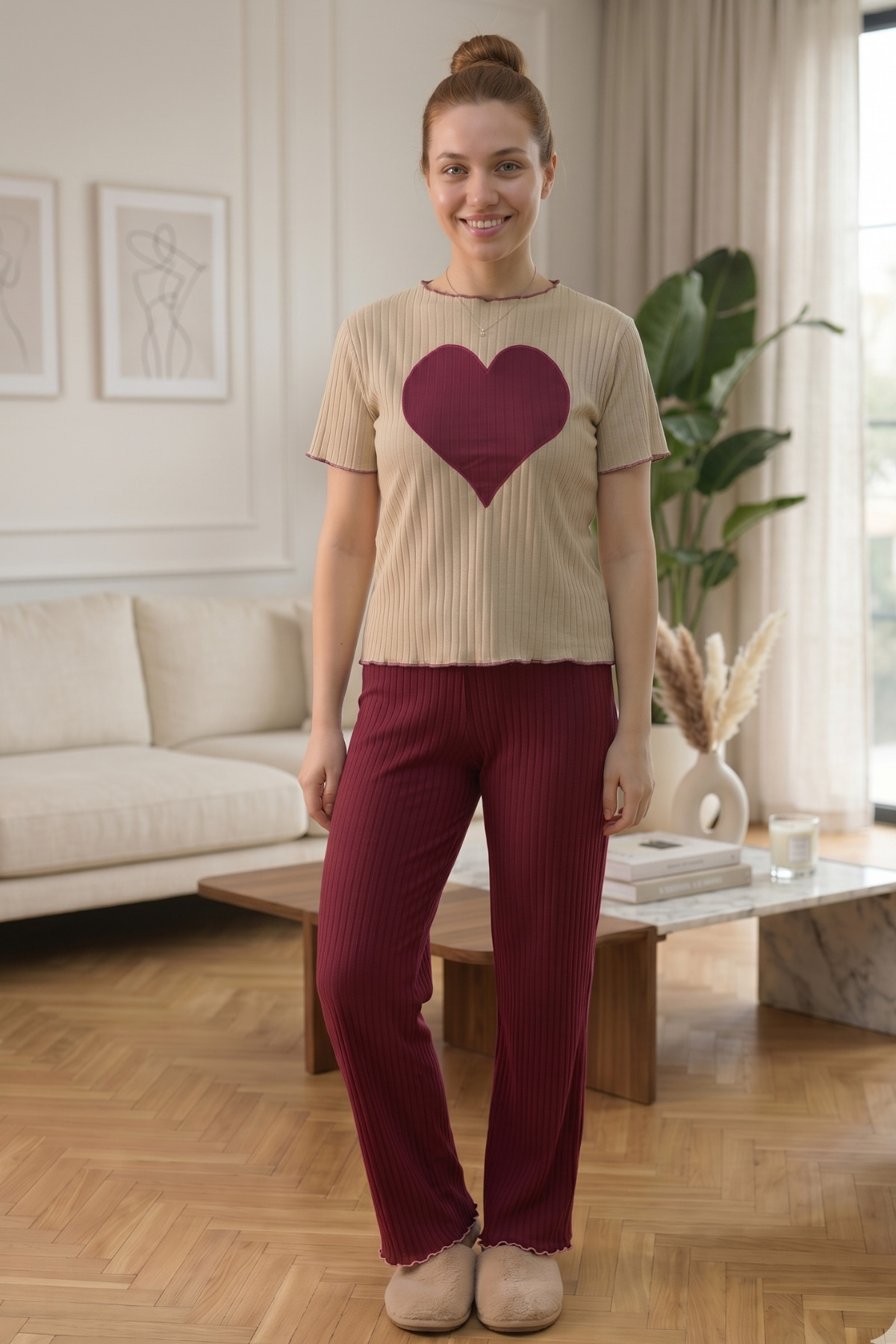 Women's Heart Applique Ribbed Pajamas Set