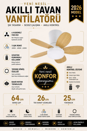 Kılıforyum Yeni Nesil Tavan Vantilatörü 64 cm Toplam Çap – 6 Kademeli, 3 Işık...