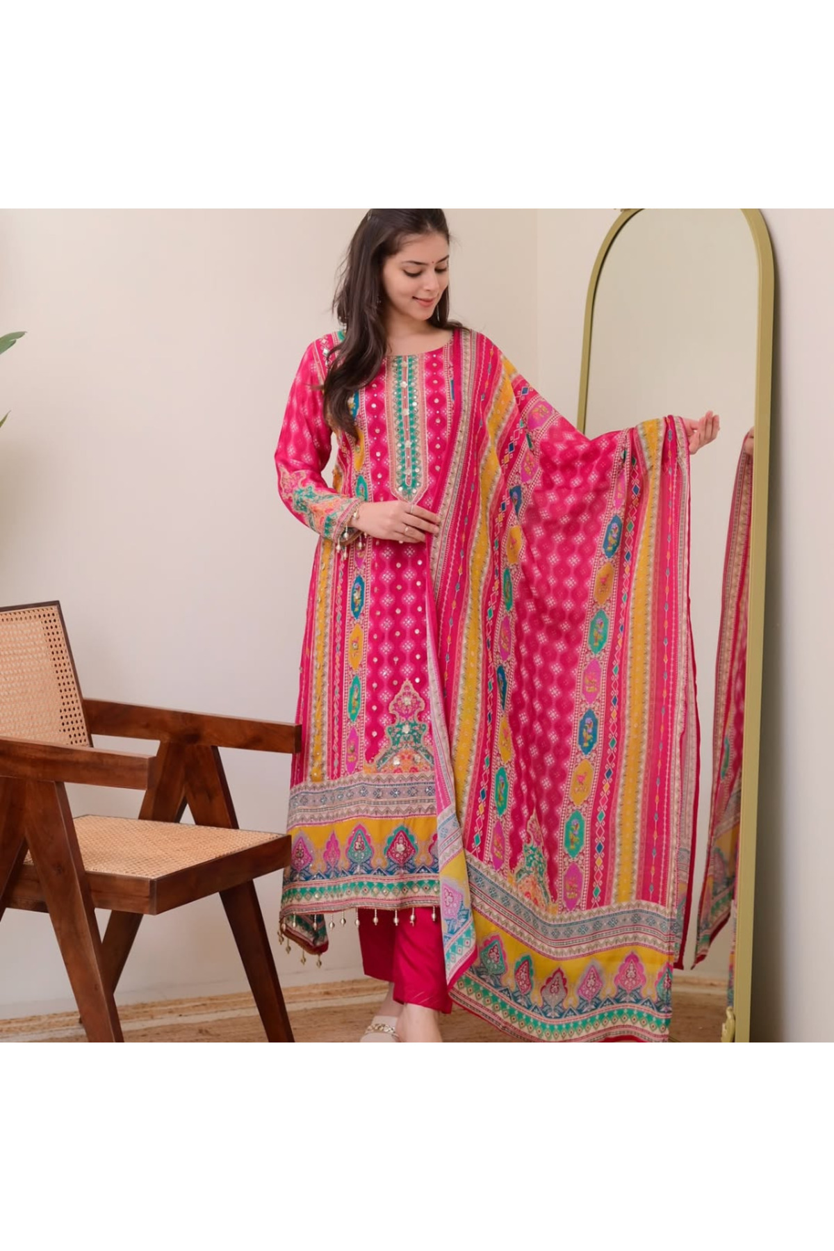MYSMAR Pink Chinon Printed Mirror Work Palazzo Set with Dupatta - HRT4000 | Pink-Size:XL-42-Inches
