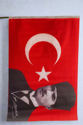 AKYILDIZ store 50x75cm Kalpaklı Atatürk Raşel Kumaş Sopalı Türk Bayrağı – Day...