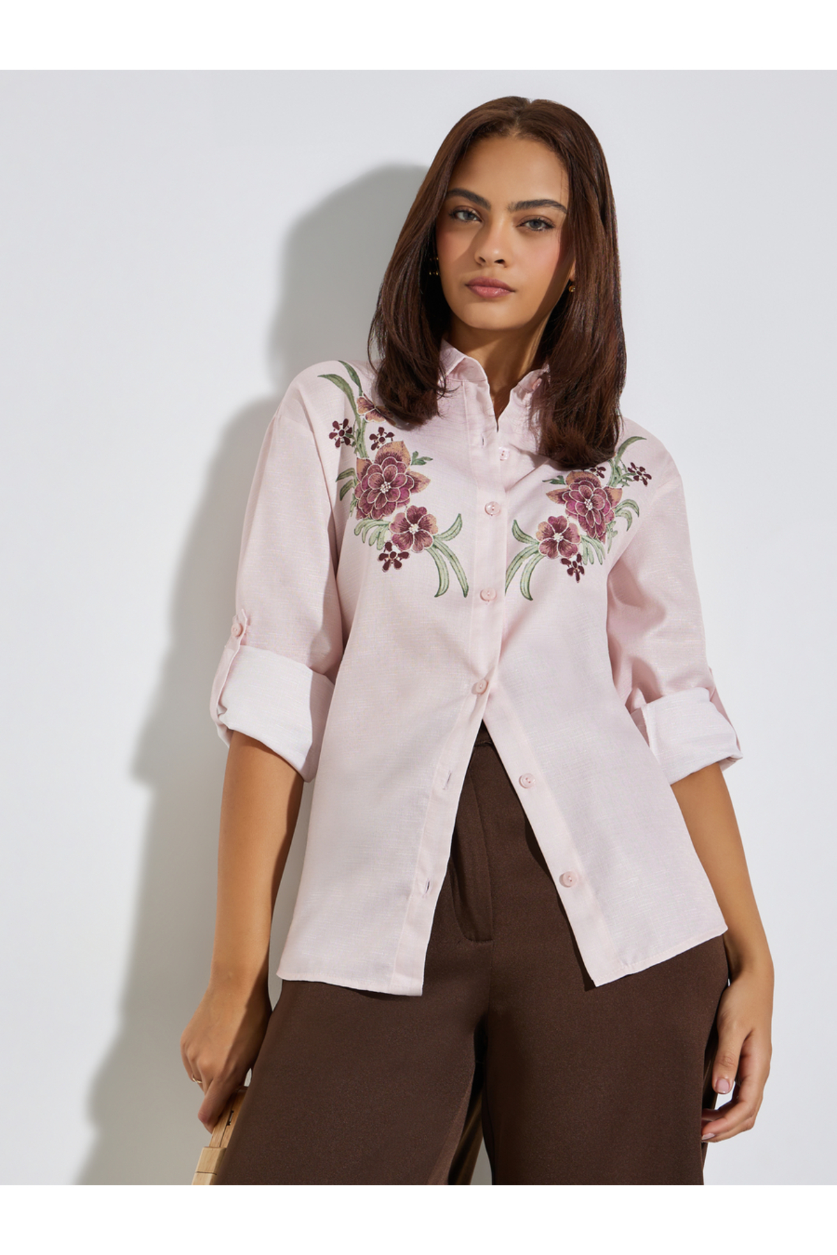 Styli Light Pink Floral Embroidered Long Sleeve Shirt