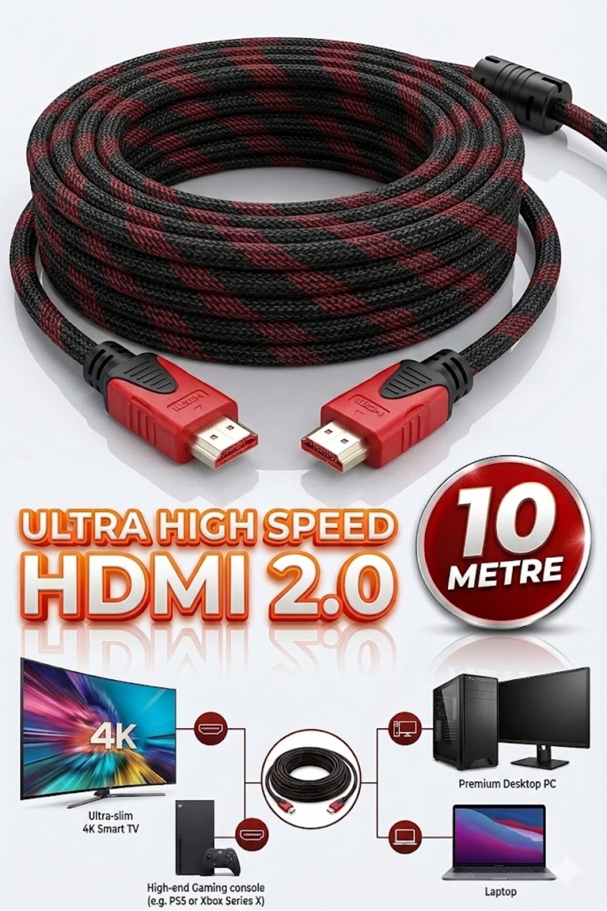 10 Metre 10m HDMI Kablosu 1.4B 3D Full Hd 1080p Ara Bağlantı Erkek-Erkek Modern Sargılı Örgülü Hdmi Görüntü Kablosu