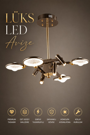Elvora Home Modern (PREMİUM) Gold LED Avize Salon Oturma Odası Dekoratif Lüks...