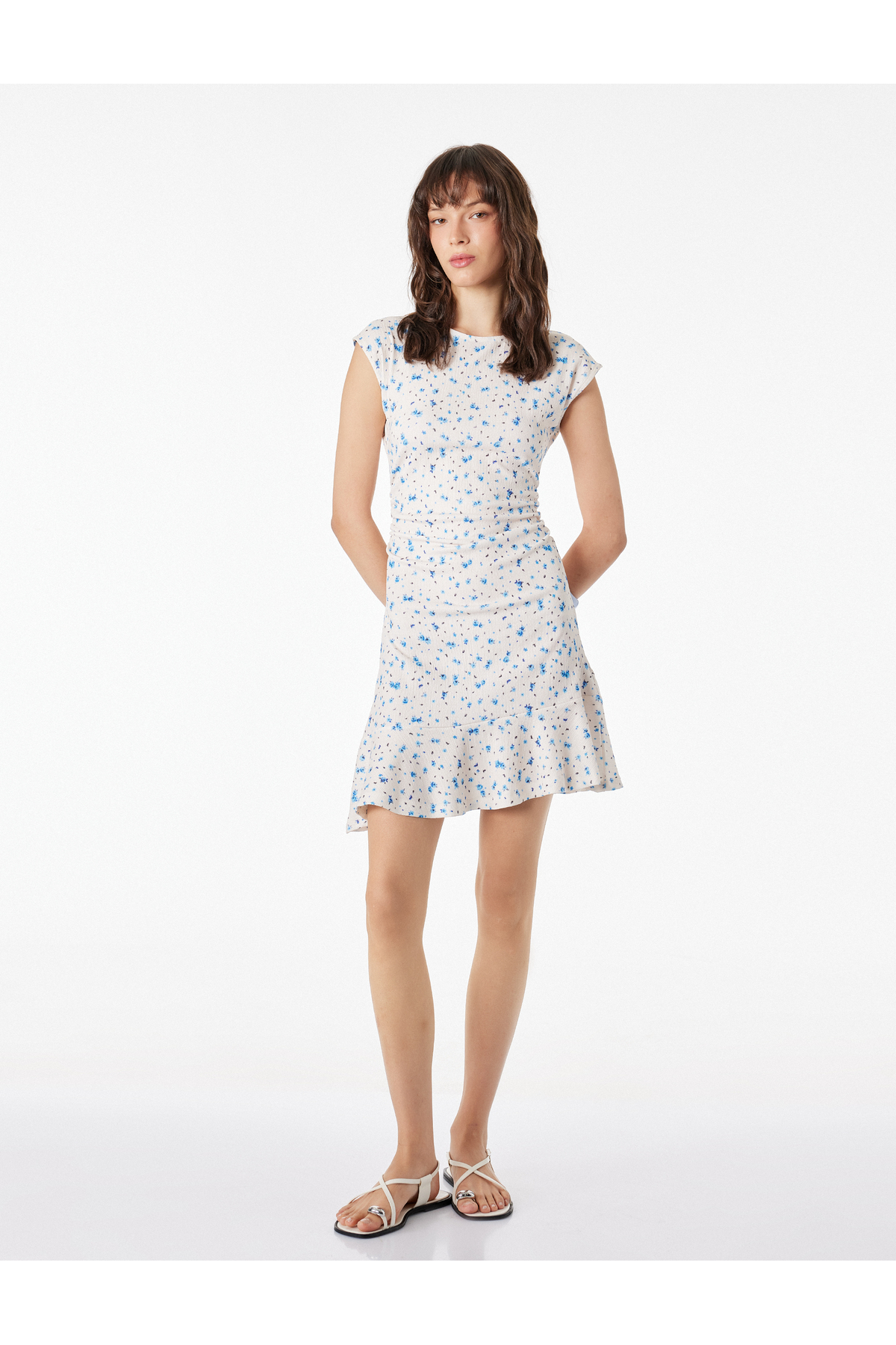Koton Sleeveless Draped Crew Neck Slim Fit Floral Flared Mini Dress