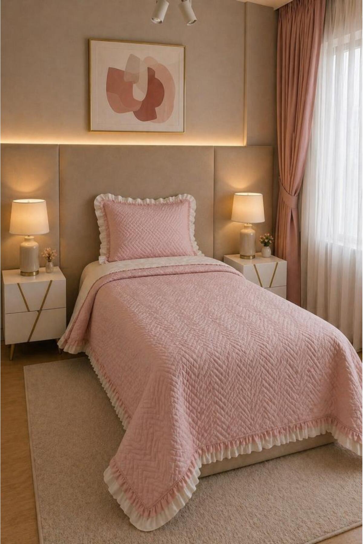 Gonca Double-Sided Single Bedspread 180x240 Powder