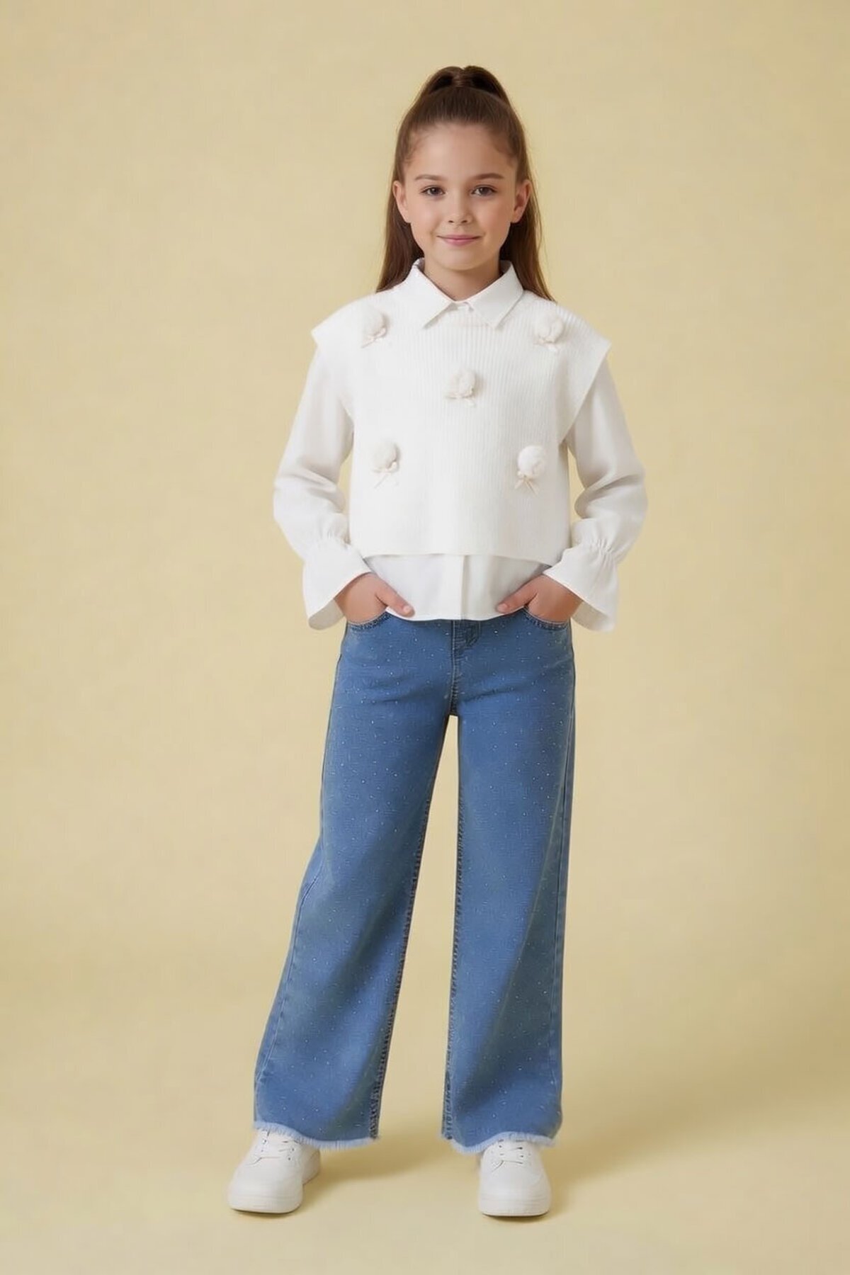 Cansın Mini Girl's 3-Piece Set with White Pompom Sweater, Shirt and Jeans 24107