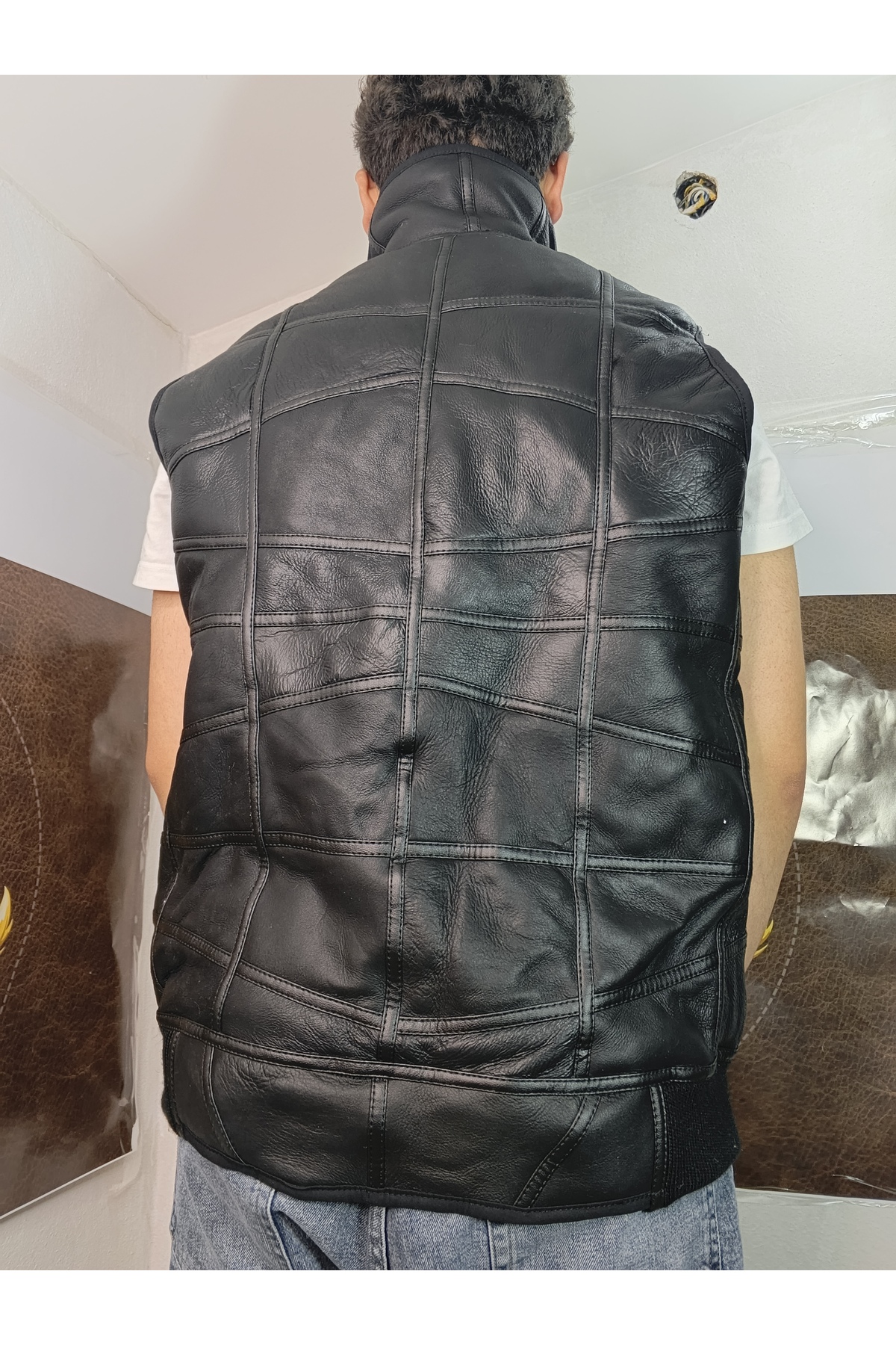 hoaryage Erkek PatchWork İçi Kürk, Dışı Hakiki Deri Koyun Yünü Yakalı Biye ve Triko Detaylı Yelek görsel 6