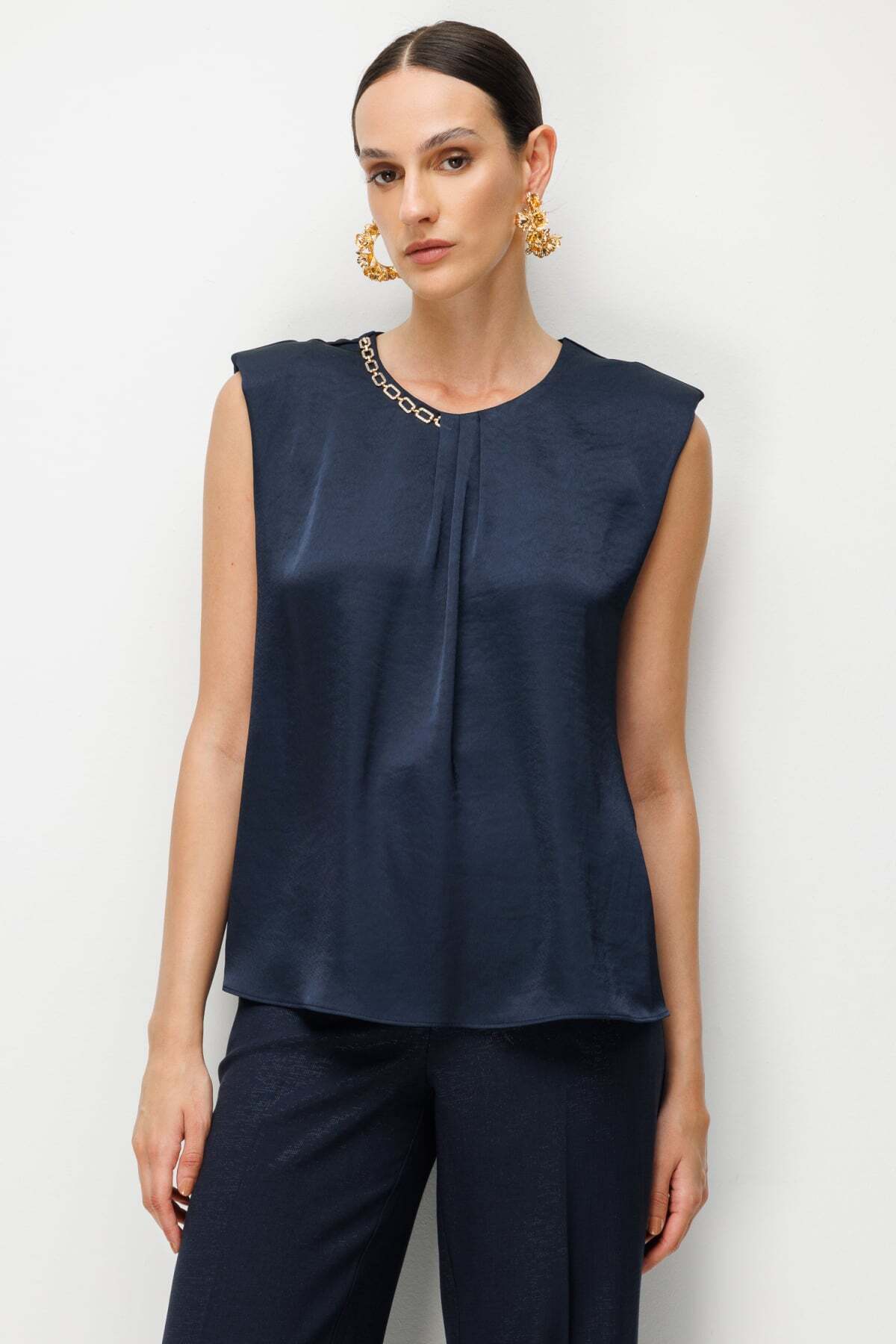 Drape Detailed Blouse with Chain Accessory