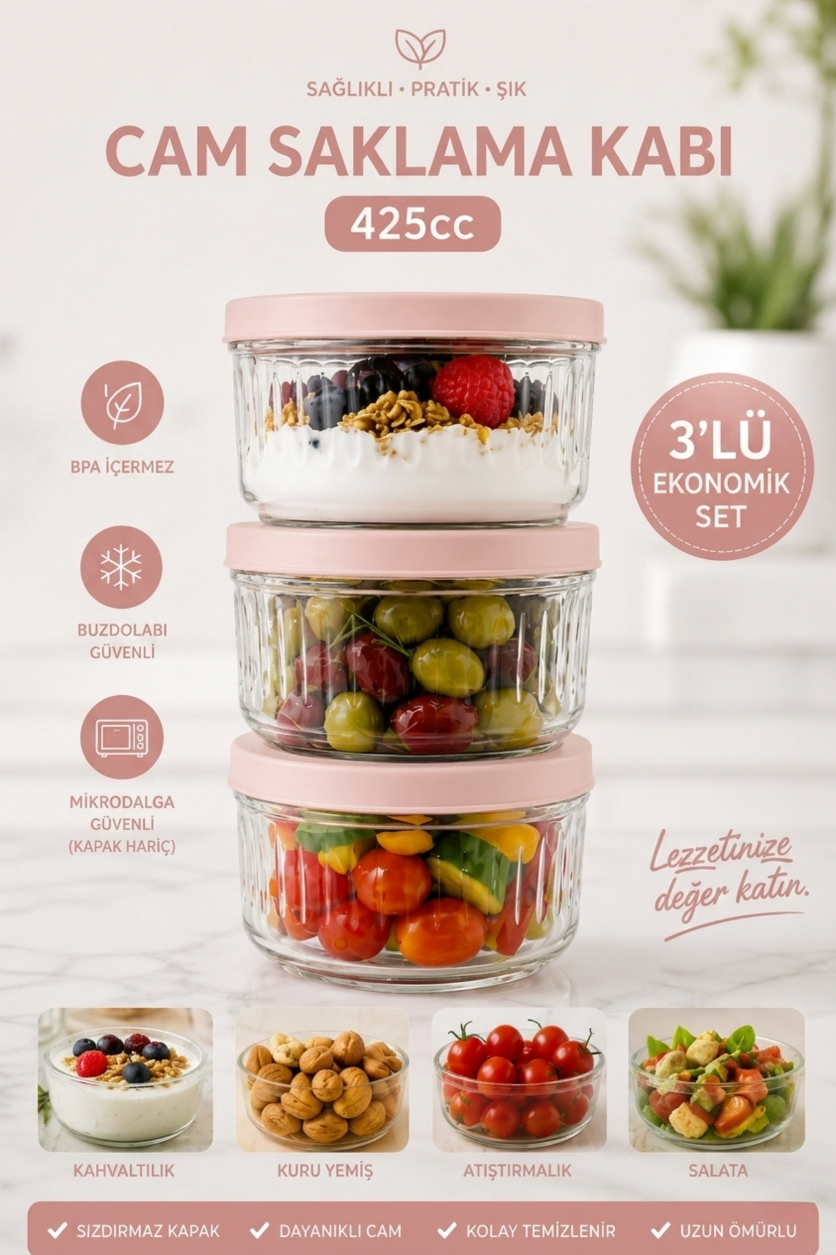 3-Piece Glass Storage Container Transparent Glass Jar with Lid Kitchen and Refrigerator Use Powder 425 cc