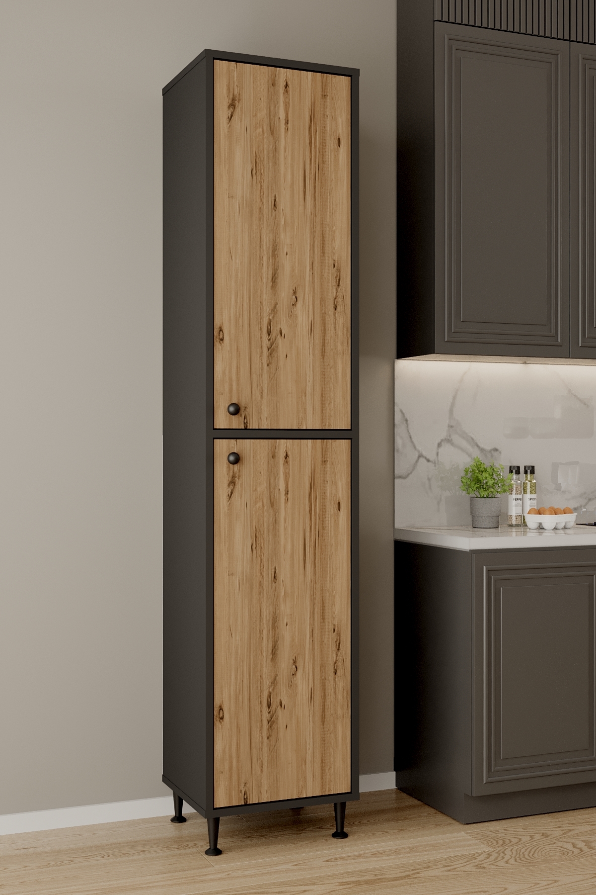 AE-2027 Lina Anthracite/Atlantik Pine Narrow Height Bathroom Multi-Bay Storage Cabinet 40x180 cm Multi-Purpose Cabinet with 2 Lids Shelf