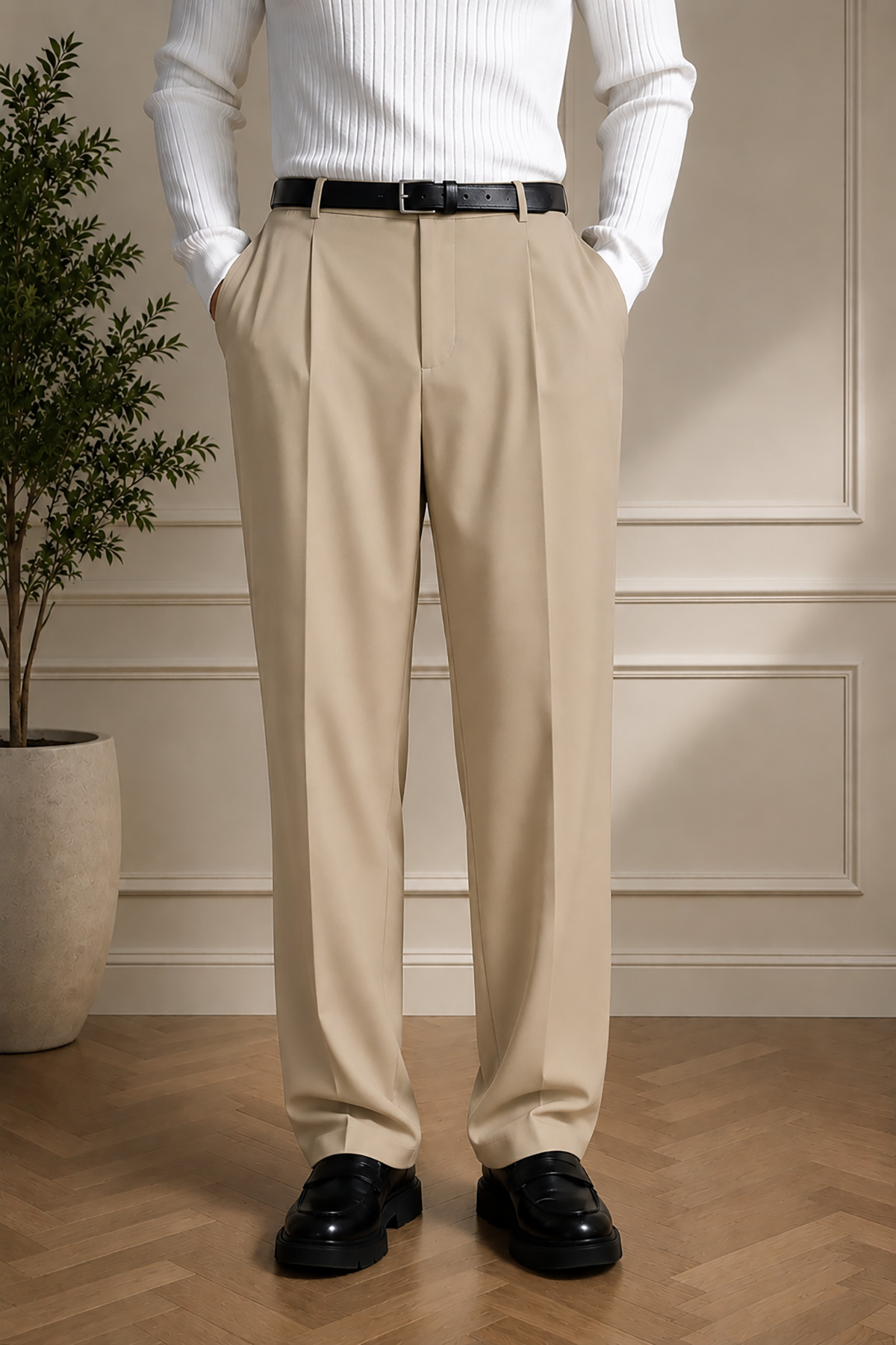 Men's Beige Pleated Detail Comfortable Fit Premium Series Fabric Pants