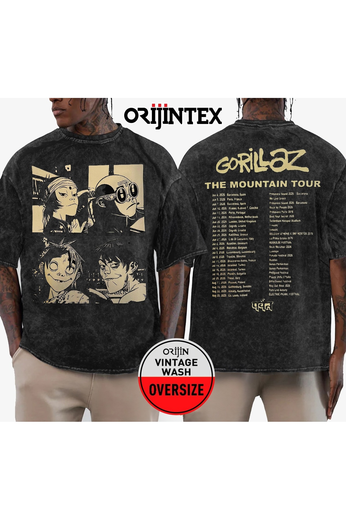 orijintex Gorillaz The Mountain Tour 2026 Ön Arka Baskılı Yıkamalı