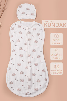 Vauva Yenidoğan Şapkalı Kundak Çift Taraf Fermuarlı %100 Pamuk