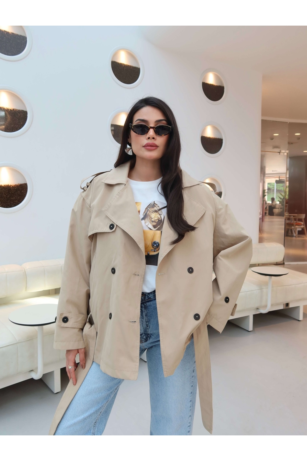 ESRAHELVACI EH Collection Kemerli Vatkalı Trench Ceket görsel 5