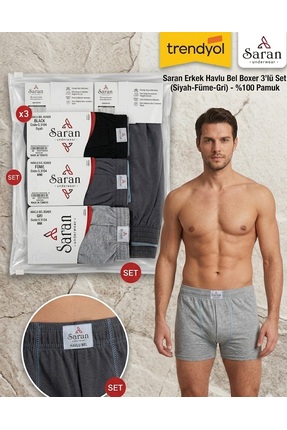 Saran Erkek 3'lü Havlu Bel Boxer Seti - Siyah, Füme, Gri