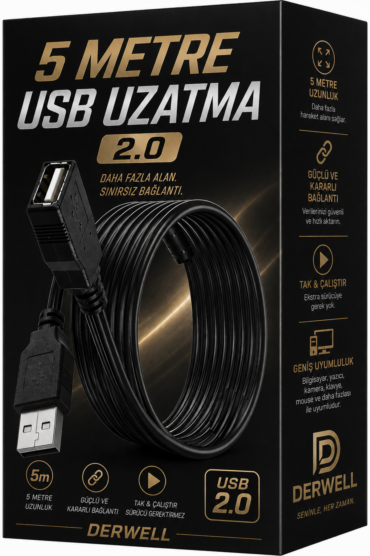 Yeni 2026 - 5 Metre Usb Uzatma Kablosu 2.0 Yüksek Hızlı Tak Çalıştır Veri Aktarım Kablosu Pc Kamera Yazıcı Klavye Mouse Uyumlu Güçlü Kararlı Bağlantı Kablosu Sürücüsüz Siyah