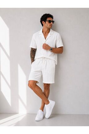sepetx Relax Fit Minimal Çizgili Yazlık Modern Beyaz Erkek Gömlek Şortlu Takı...