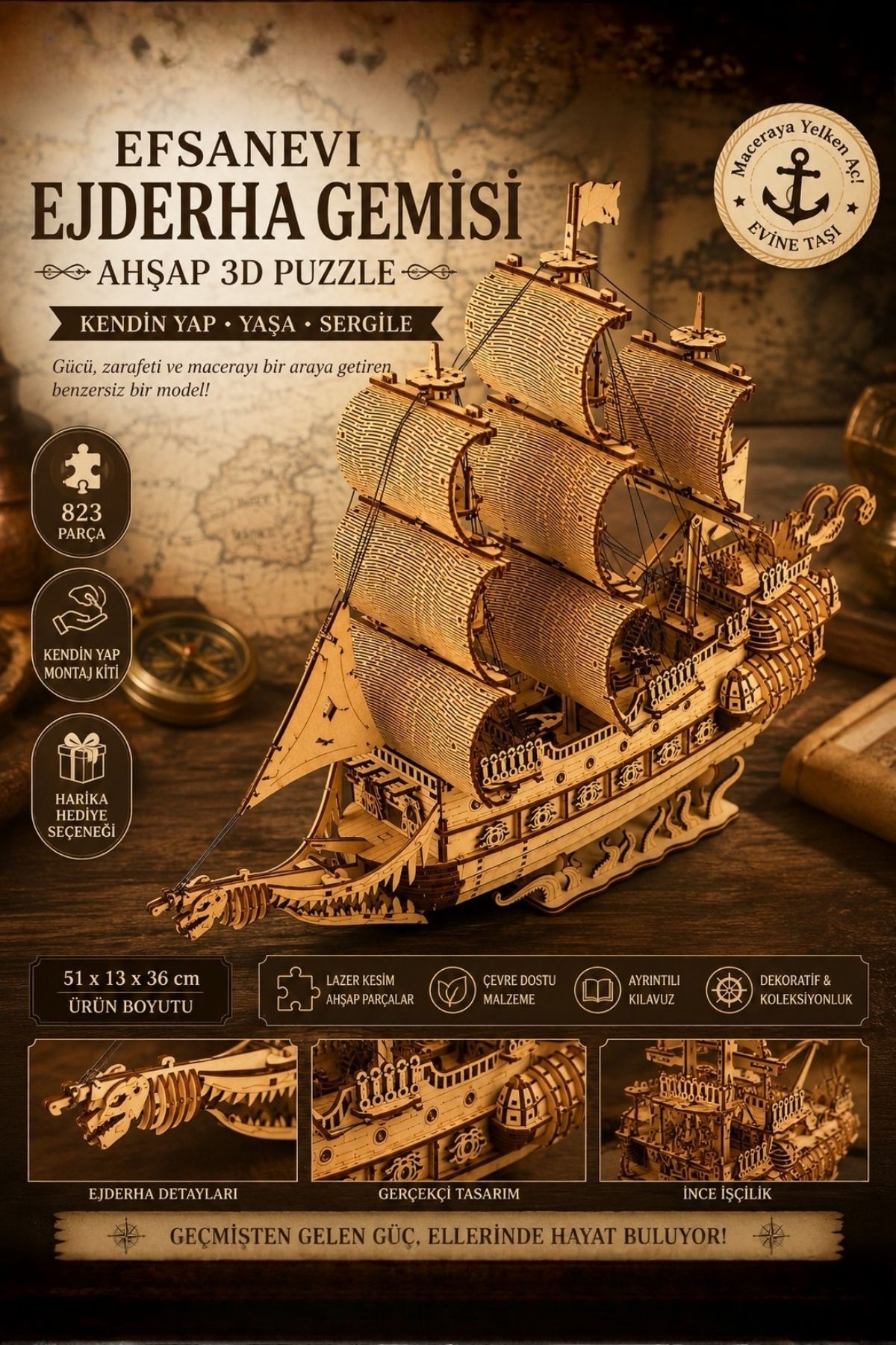 ALGWOOD Ghost Ship Minyatür Ahşap Maket | Korsan Gemisi | 3D