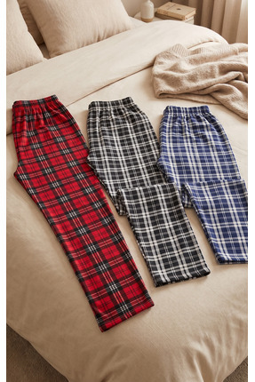 Pijahane Unisex 3’lü Ekose Pijama Altı Seti - Kırmızı, Siyah, Lacivert - Yumu...