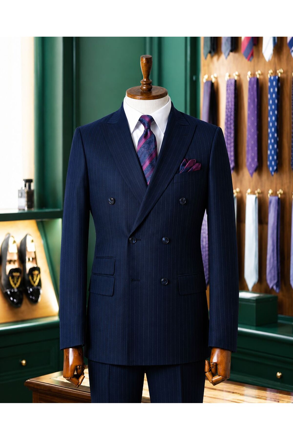 ilayda emir Slim Fit, Double Breasted, Striped, Swallow Collar, Men's Suit, Navy Blue