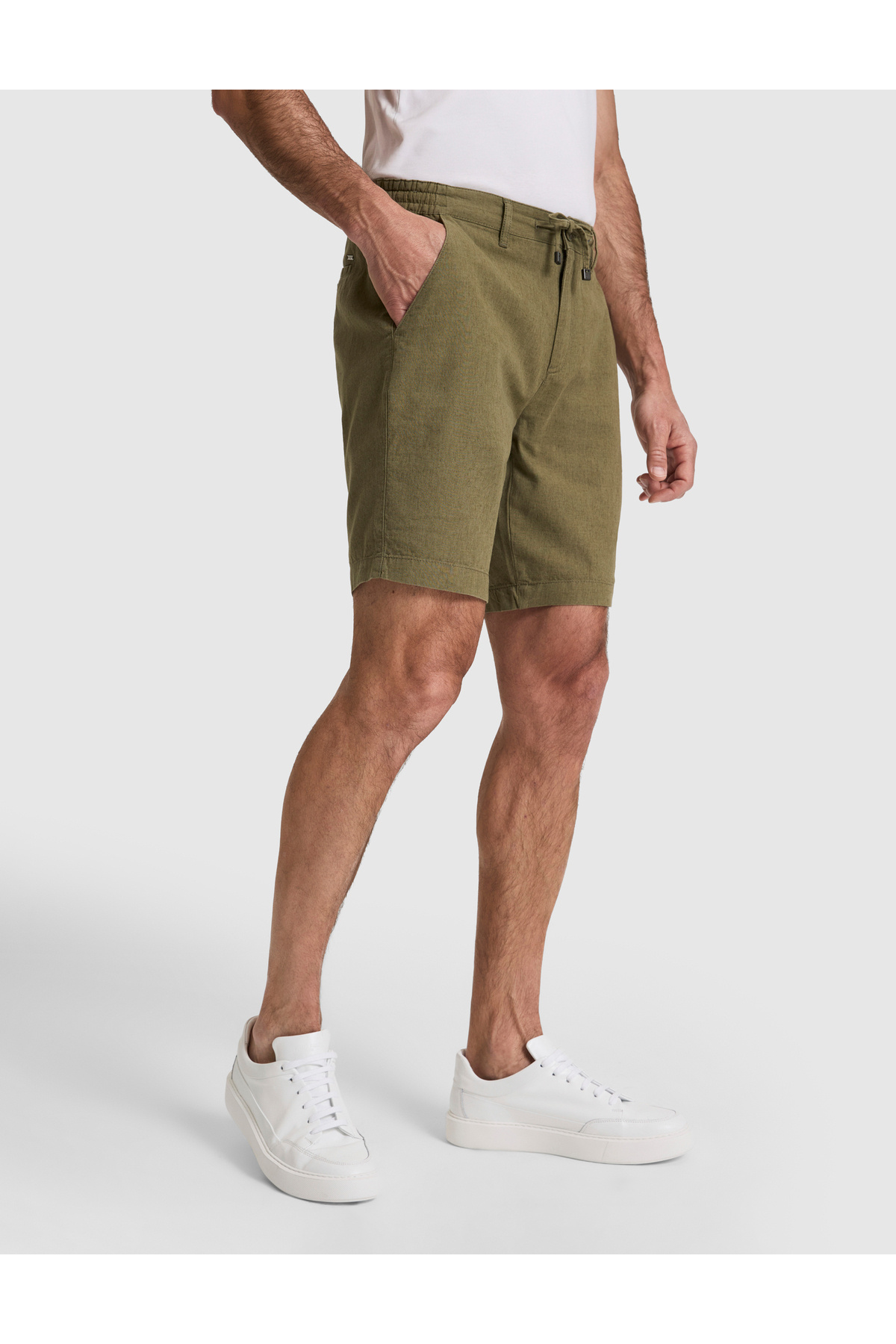 Pierre Cardin Haki Slim Fit Keten Karışımlı Beli Lastikli Kordonlu Dokuma Şort 50327883-VR027 görsel 4