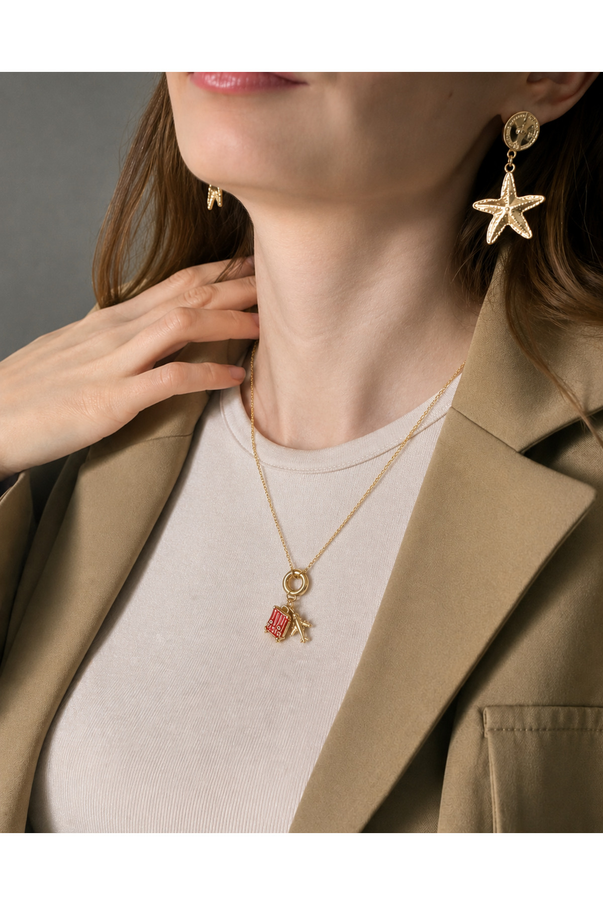 Women's Steel Necklace - Airplane & Suitcase Charm Travel Themed Women's Gold Color Necklace