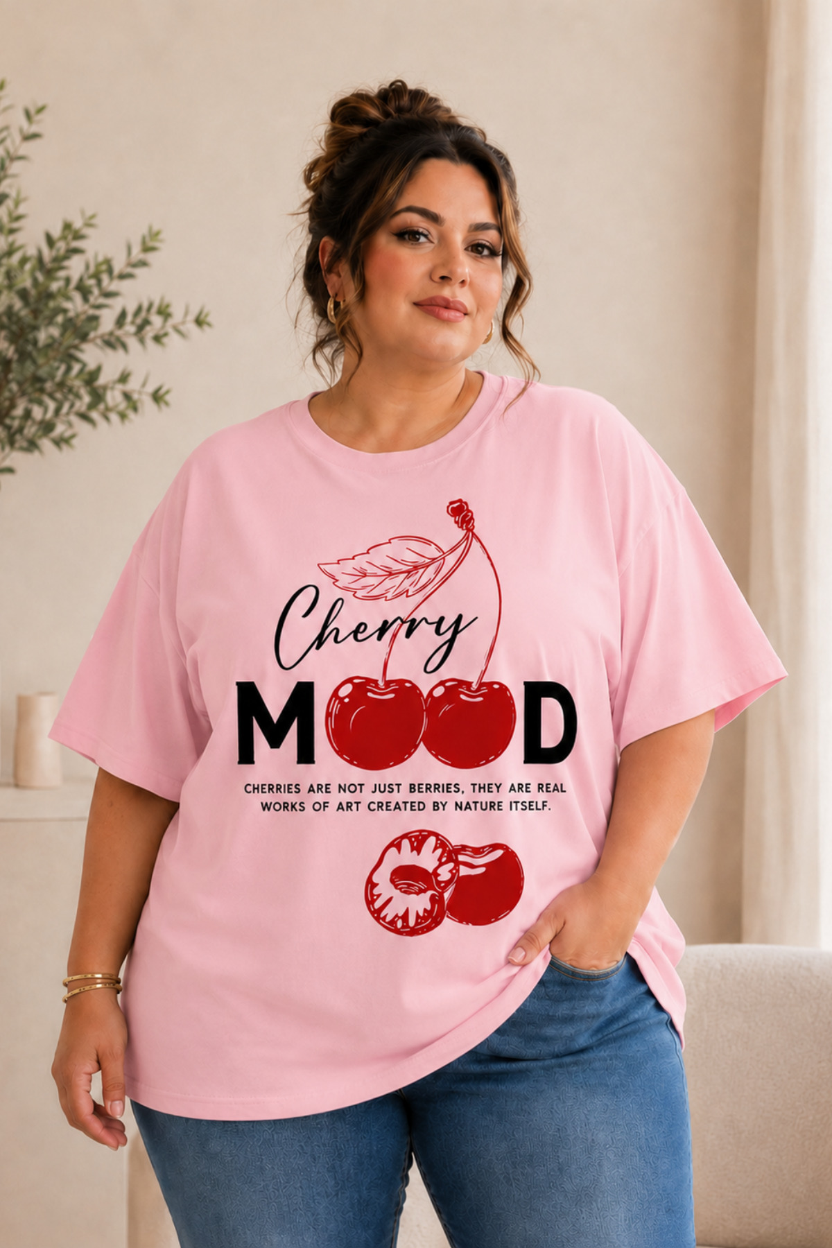 ZAVIXO Büyük Beden Oversize Kadın Tişört Cherry Mood Kiraz Baskılı