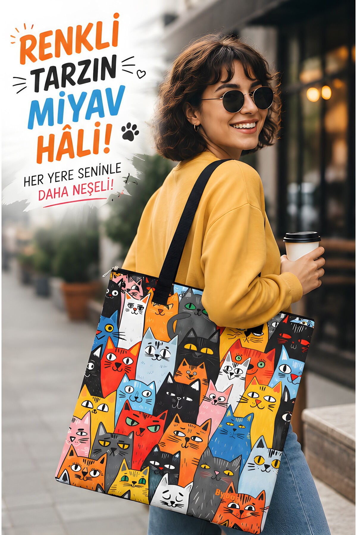 BYBAG Renkli Kedi Desenli Omuz Çantası Kadın Tote Bag Oxford Kumaş Fermuarlı İç Cepli Çift Taraflı Baskılı