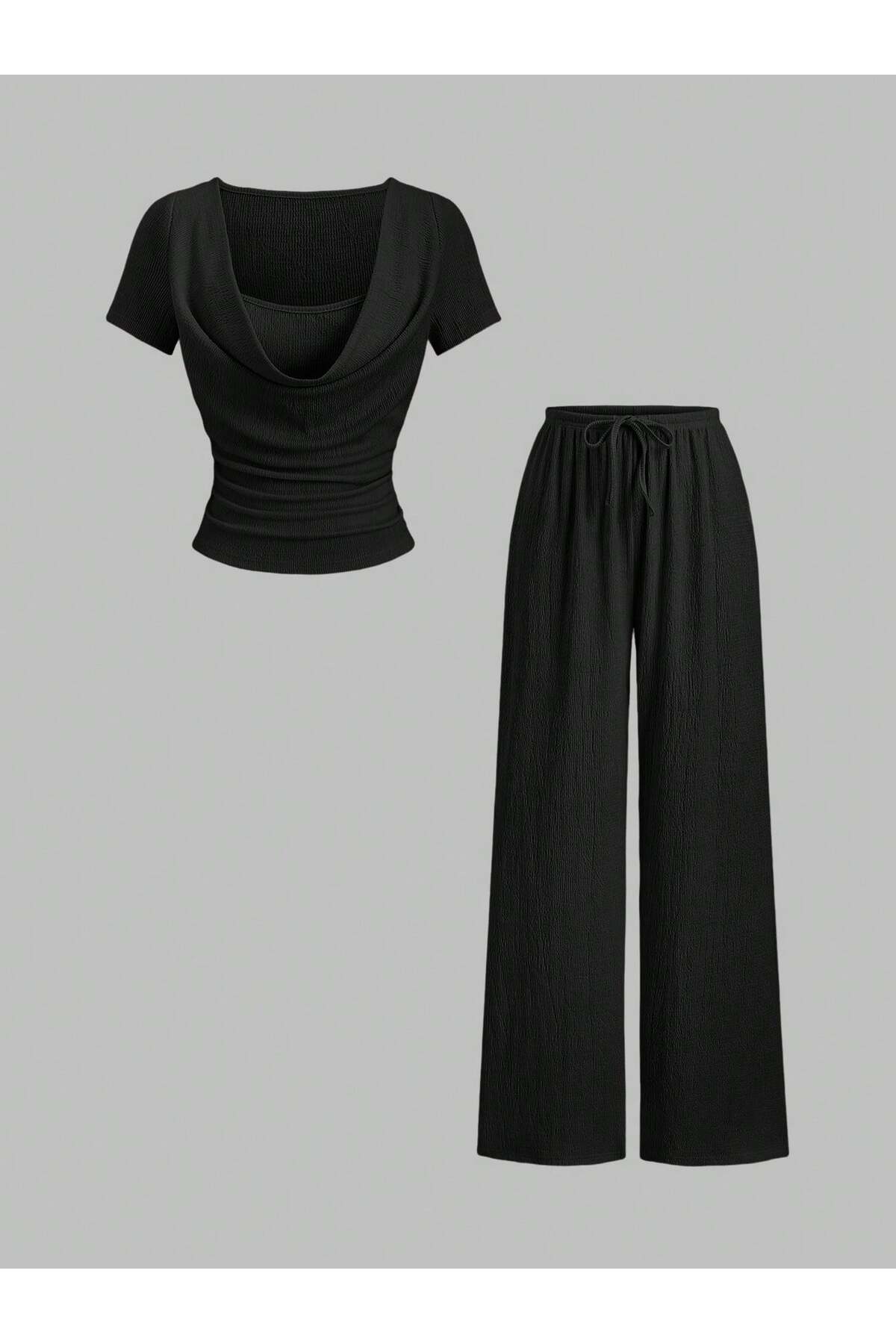 black SHAWL collar short sleeve crop wide leg bottom top set