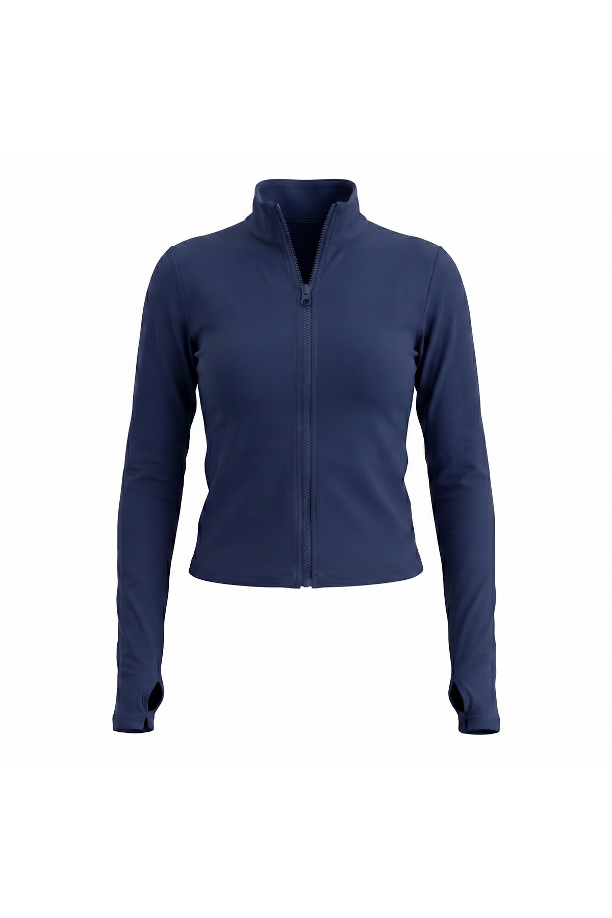 RİVARAPREMIUM Kadın Lacivert Dik Yaka Fermuarlı Slim Fit Aktif Spor Ceketi - Parmak Geçirmeli (Mom Parmak Koşu ve Fitness Üstü görsel 6